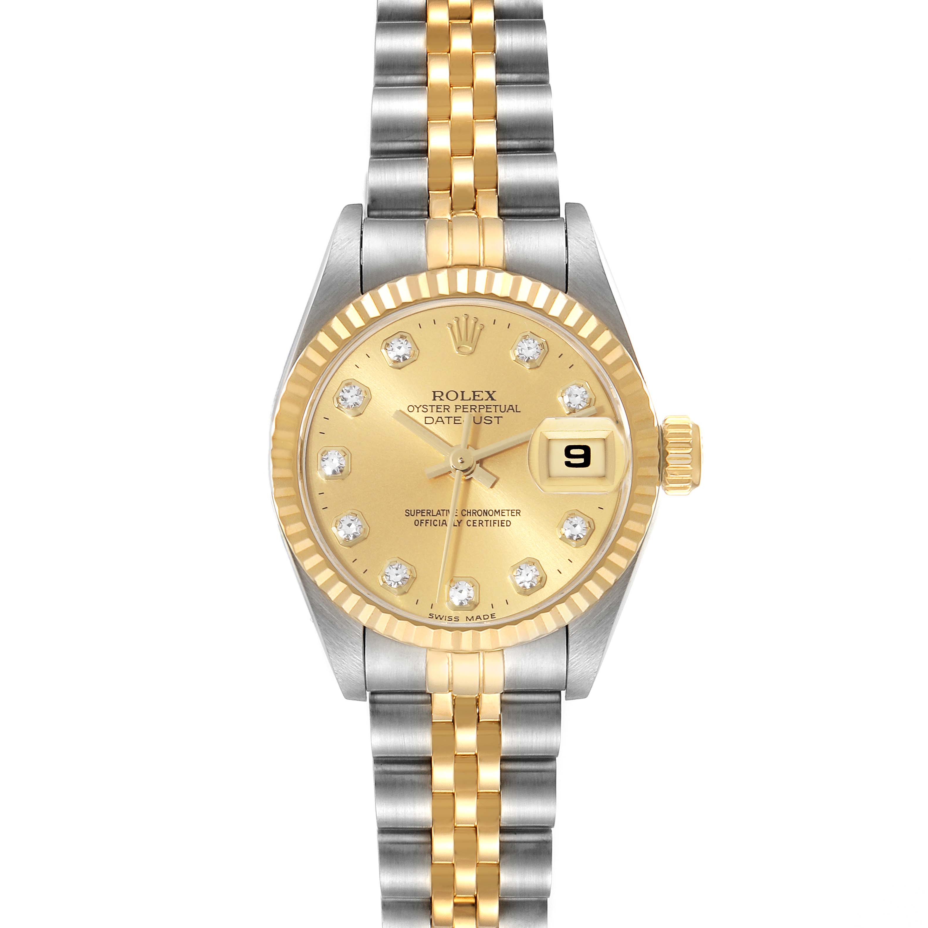 This image shows a front view of a Rolex Datejust 69173 Women's Steel and Gold (two tone) Champagne Dial 69173 Women's Steel and Gold (two tone) Champagne Dial watch, highlighting its face, dial, bezel, and two-tone bracelet.