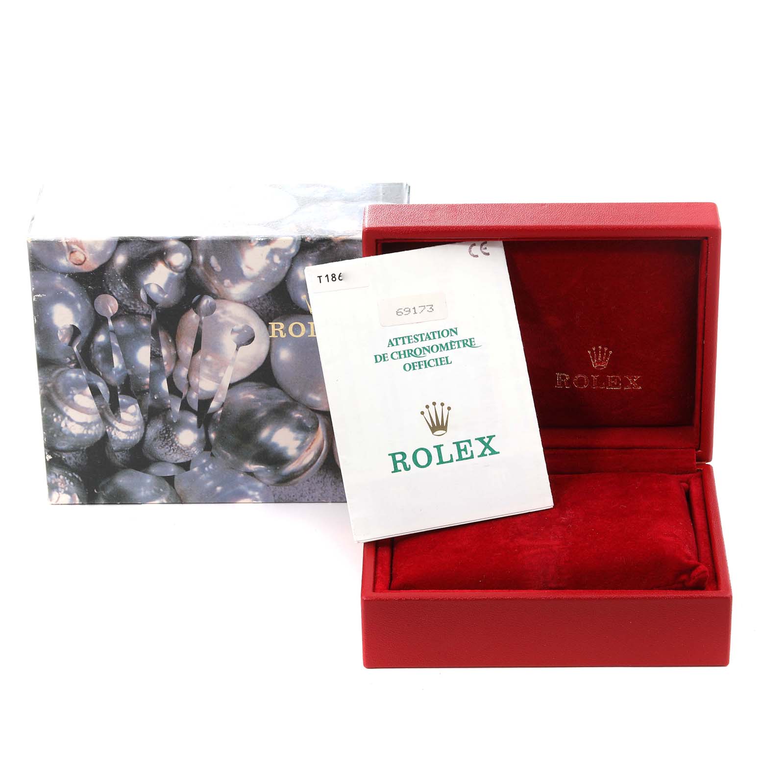 The image shows the packaging and certification booklet of a Rolex Datejust 69173 Women's Steel and Gold (two tone) Champagne Dial 69173 Women's Steel and Gold (two tone) Champagne Dial model watch.