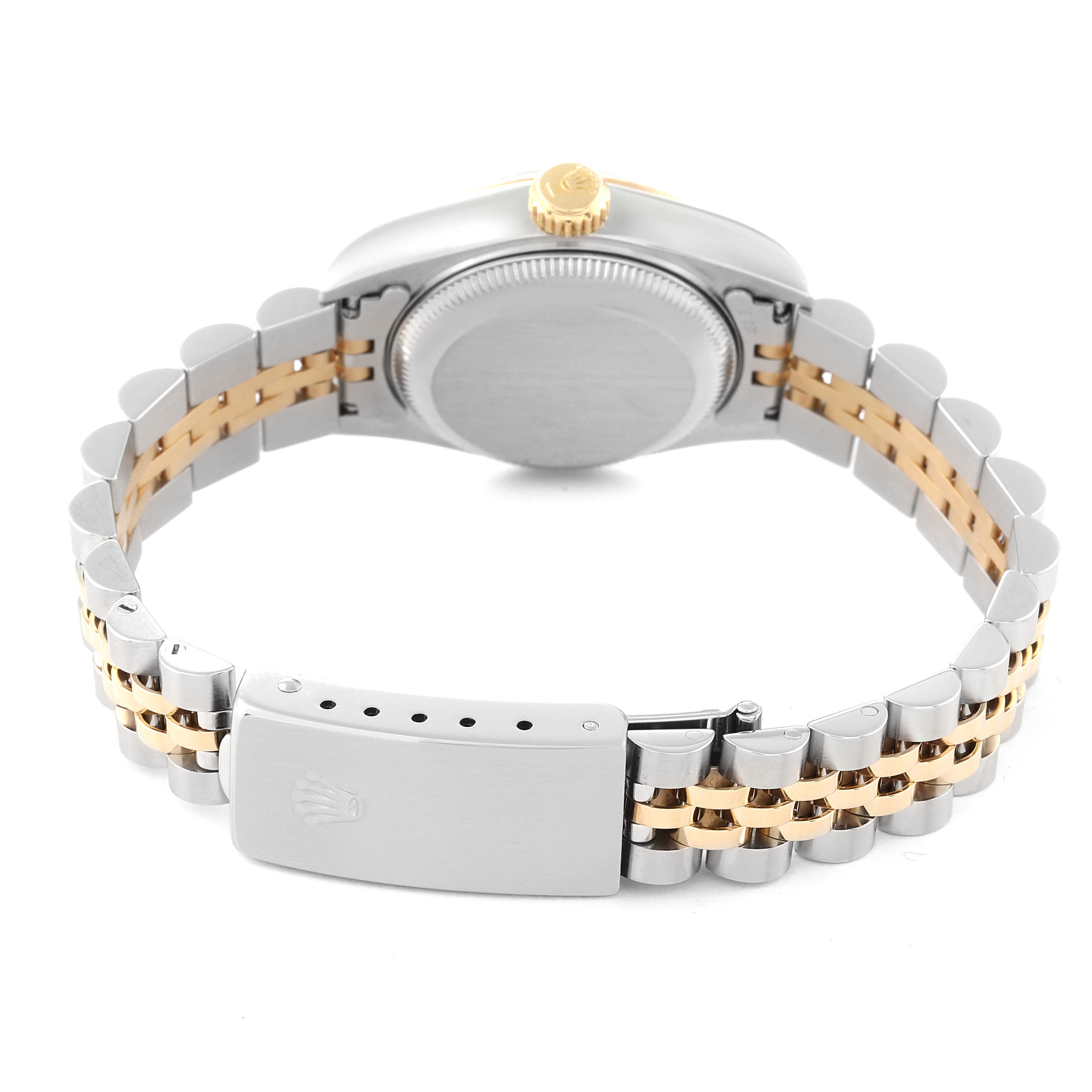 This image shows the back and bracelet of a Rolex Datejust 69173 Women's Steel and Gold (two tone) Champagne Dial 69173 Women's Steel and Gold (two tone) Champagne Dial watch, highlighting the clasp, crown, and two-tone metal links.