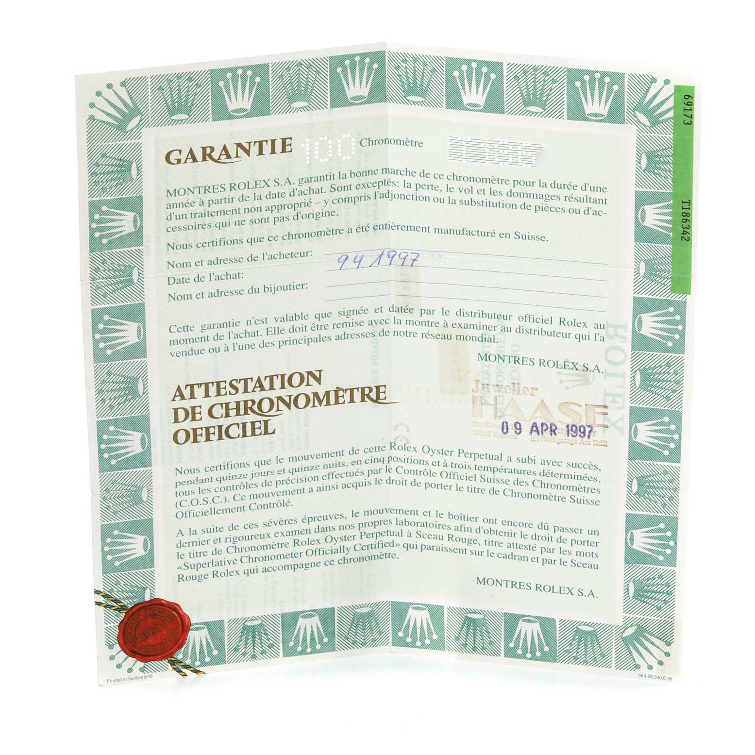 This image shows a warranty and official chronometer certification document for a Rolex Datejust 69173 Women's Steel and Gold (two tone) Champagne Dial 69173 Women's Steel and Gold (two tone) Champagne Dial model, dated 1997.