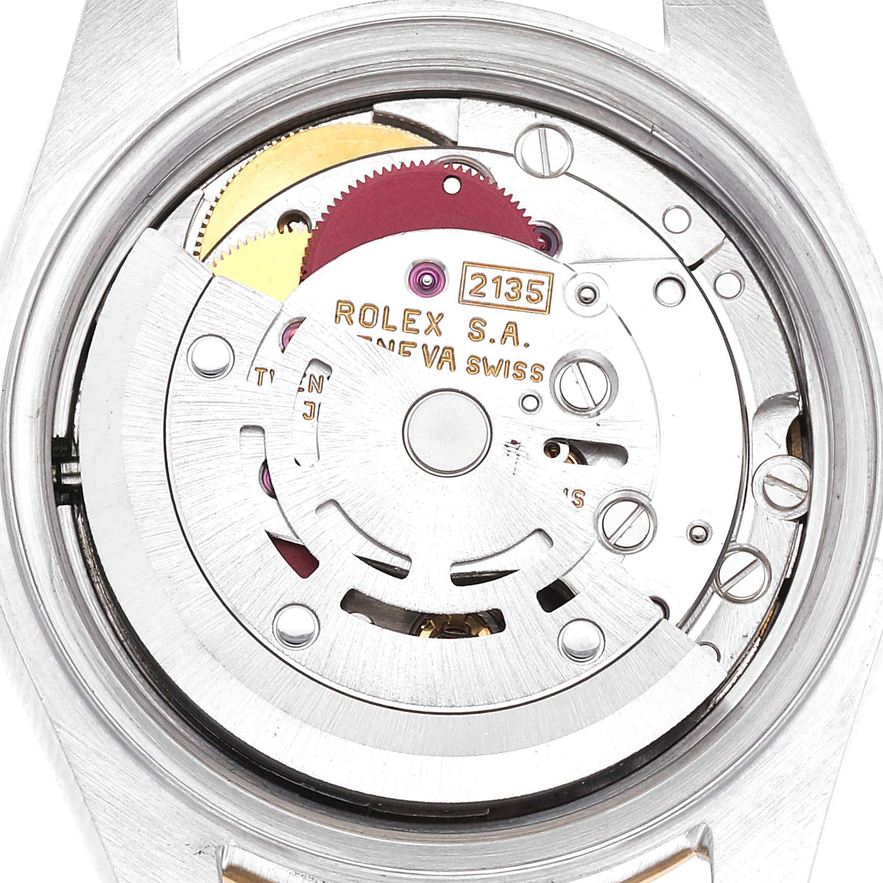 The image shows the internal mechanism of a Rolex Datejust 69173 Women's Steel and Gold (two tone) Champagne Dial 69173 Women's Steel and Gold (two tone) Champagne Dial watch viewed from the back, highlighting the movement components.