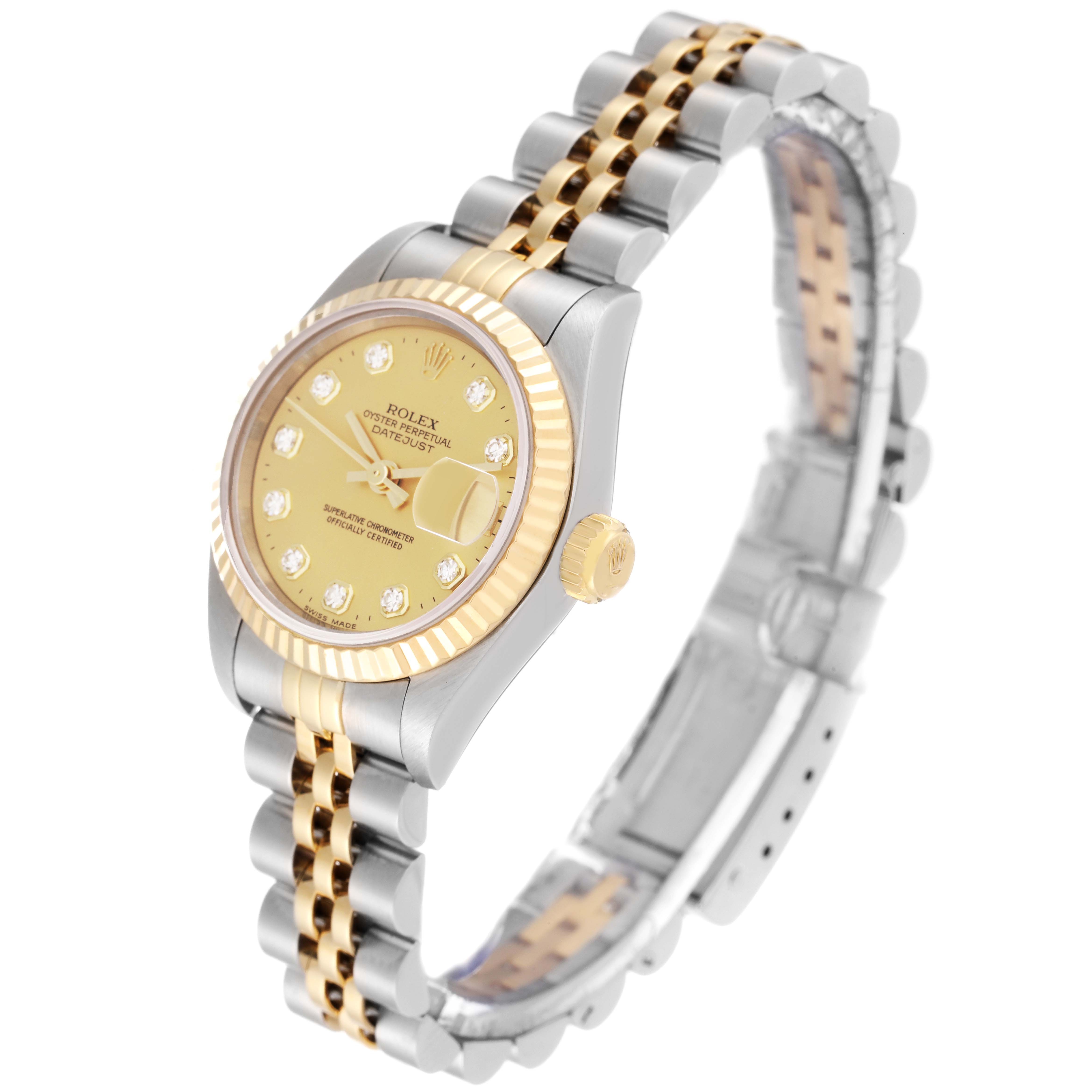 This image shows a Rolex Datejust 69173 Women's Steel and Gold (two tone) Champagne Dial 69173 Women's Steel and Gold (two tone) Champagne Dial watch at a front angle, highlighting the dial, bezel, crown, and two-tone bracelet.