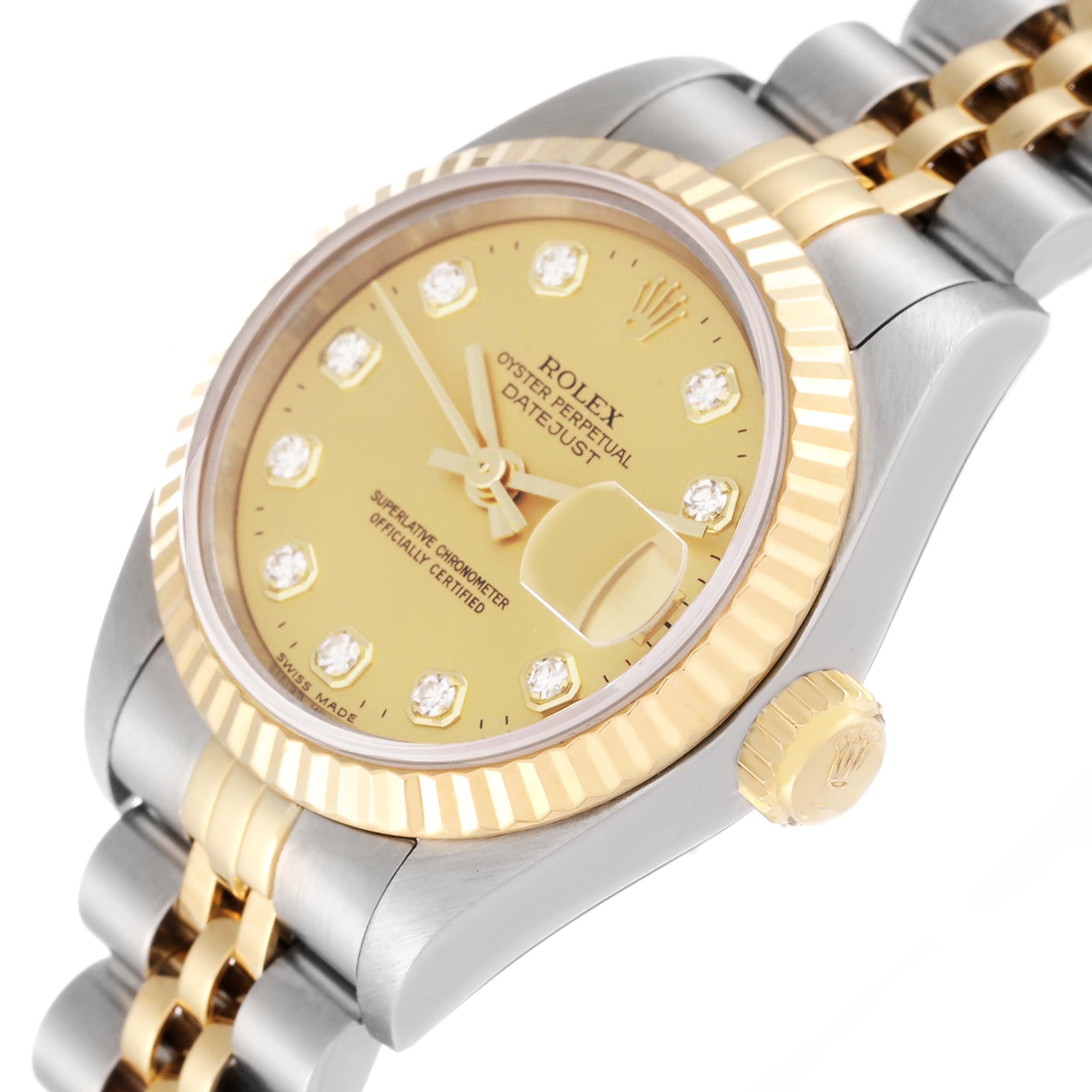 This image shows a close-up angled view of the Rolex Datejust 69173 Women's Steel and Gold (two tone) Champagne Dial 69173 Women's Steel and Gold (two tone) Champagne Dial watch, highlighting its dial, bezel, and crown.