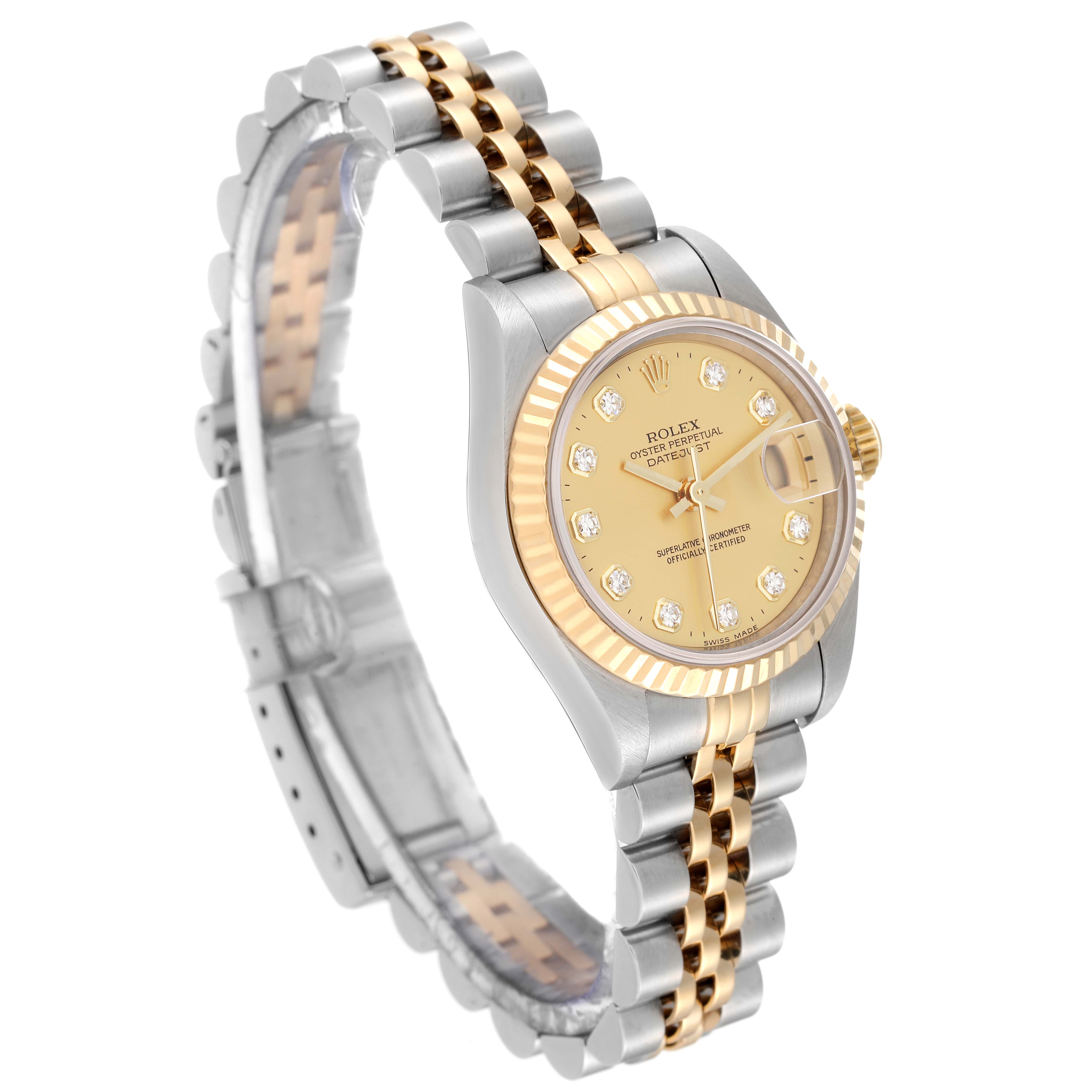 The image shows a Rolex Datejust 69173 Women's Steel and Gold (two tone) Champagne Dial 69173 Women's Steel and Gold (two tone) Champagne Dial watch at a three-quarters angle, highlighting its gold and silver bracelet and diamond-accented face.