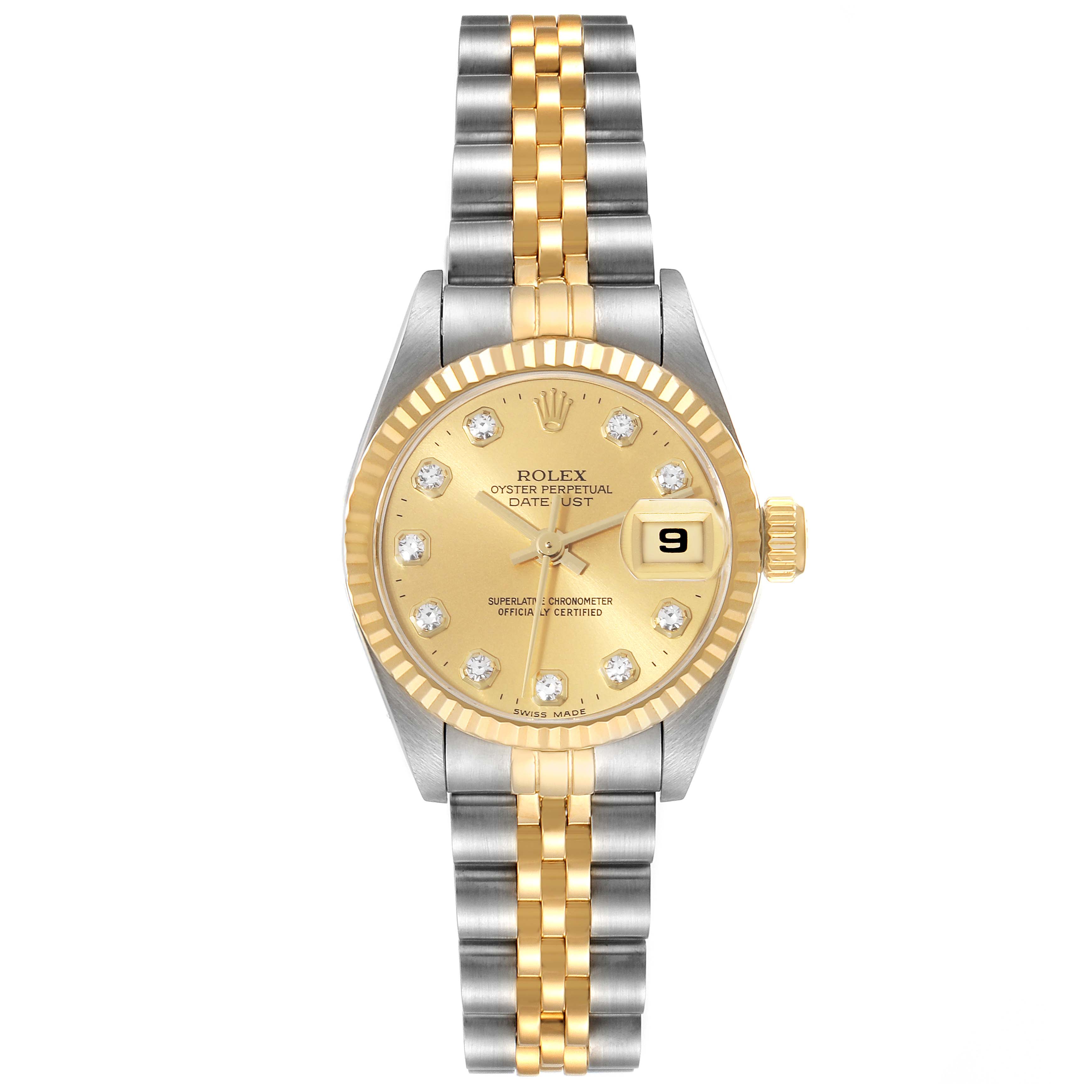 This image shows a front view of a Rolex Datejust 69173 Women's Steel and Gold (two tone) Champagne Dial 69173 Women's Steel and Gold (two tone) Champagne Dial watch with a gold dial, diamond hour markers, and a two-tone metal bracelet.