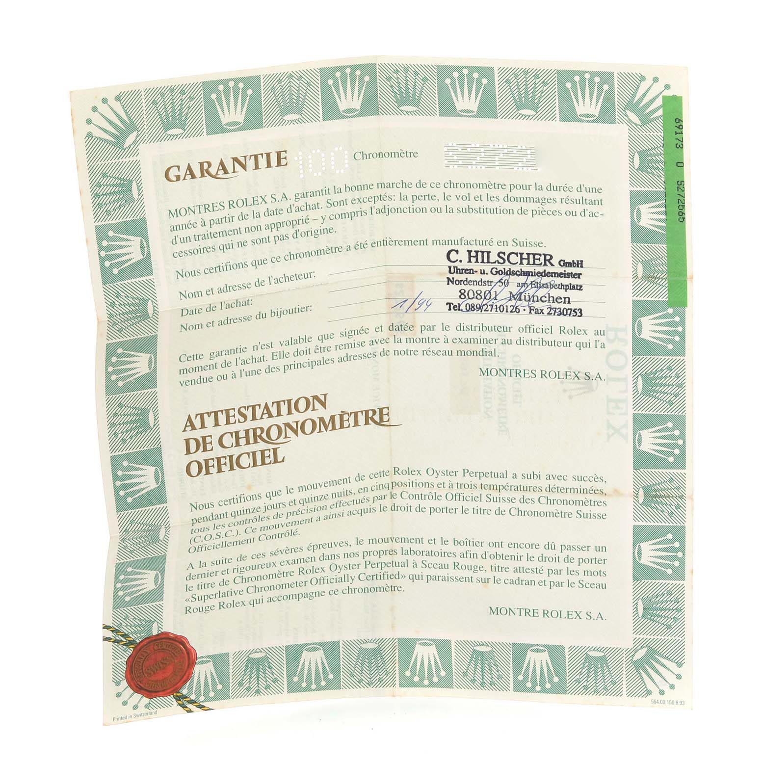 The image shows the warranty and chronometer certification document for the Rolex Datejust 69173 Women's Steel and Gold (two tone) Champagne Dial 69173 Women's Steel and Gold (two tone) Champagne Dial model.