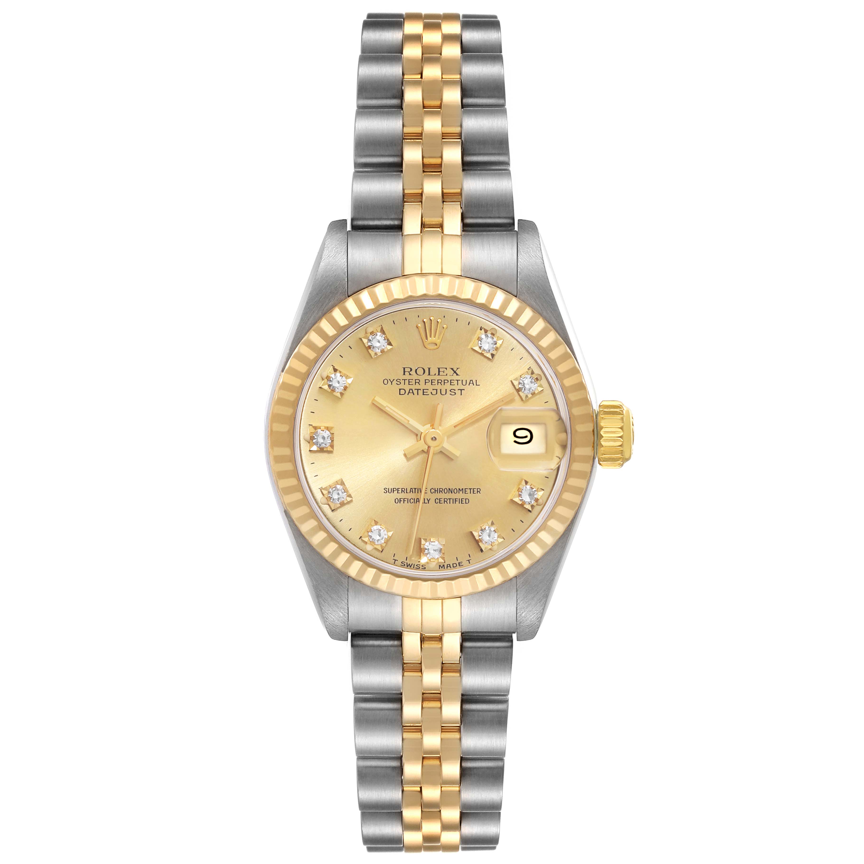 This is a front view of a Rolex Datejust 69173 Women's Steel and Gold (two tone) Champagne Dial 69173 Women's Steel and Gold (two tone) Champagne Dial watch, displaying its face, bezel, and two-tone bracelet.
