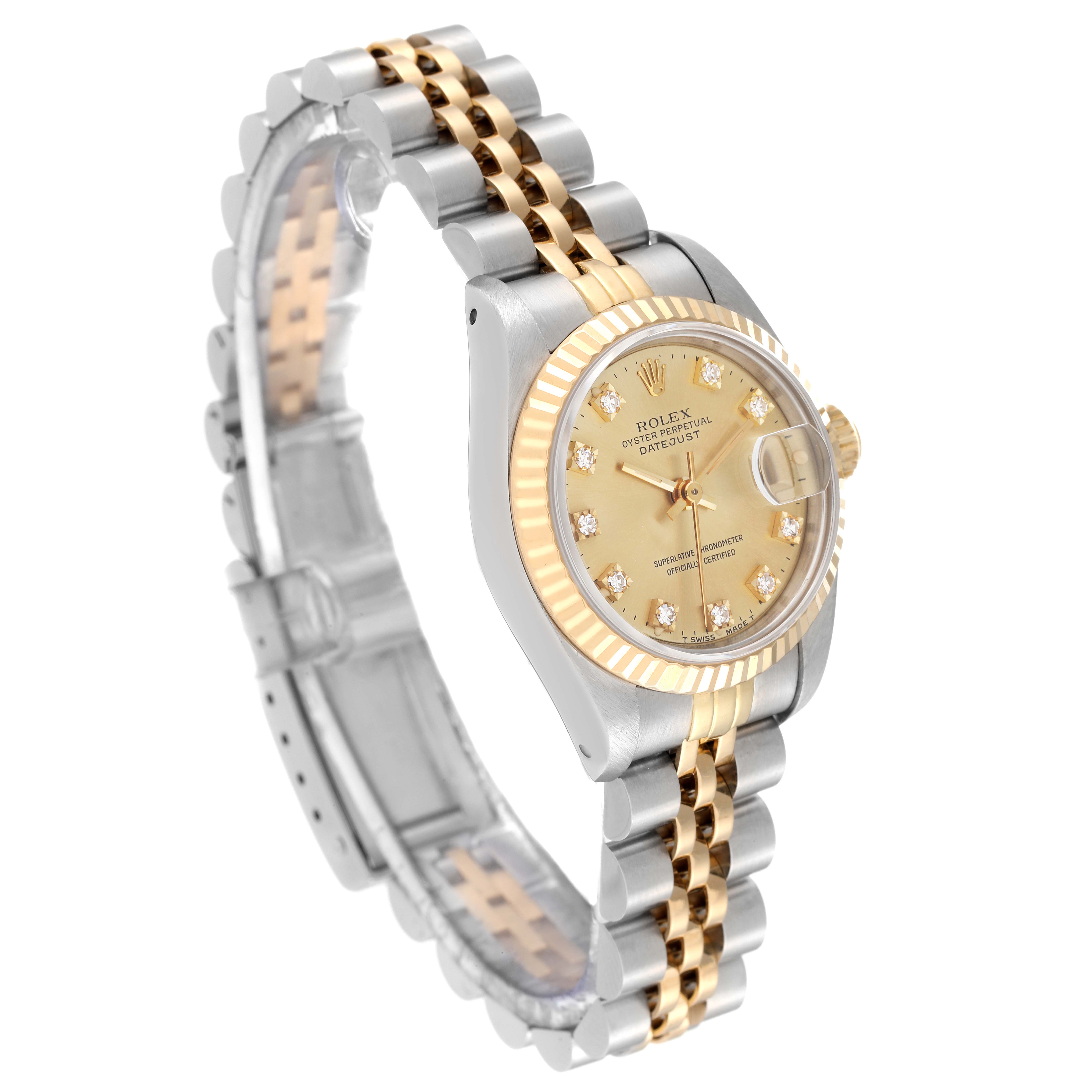The Rolex Datejust 69173 Women's Steel and Gold (two tone) Champagne Dial 69173 Women's Steel and Gold (two tone) Champagne Dial watch is shown at a three-quarter angle, highlighting its gold and silver bracelet and diamond-studded dial.