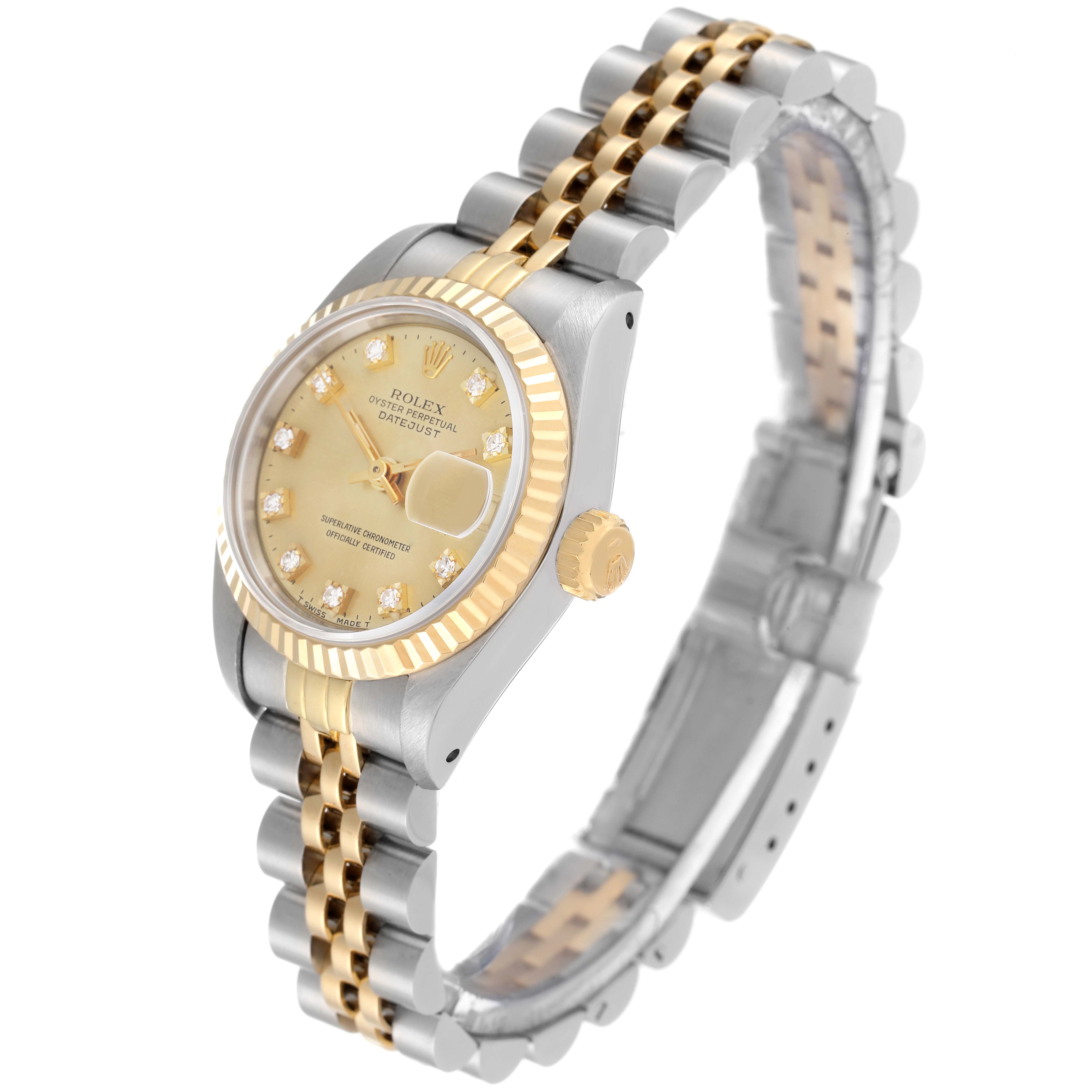 This image shows a Rolex Datejust 69173 Women's Steel and Gold (two tone) Champagne Dial 69173 Women's Steel and Gold (two tone) Champagne Dial watch from a front angle, displaying the dial, bezel, crown, and bracelet.