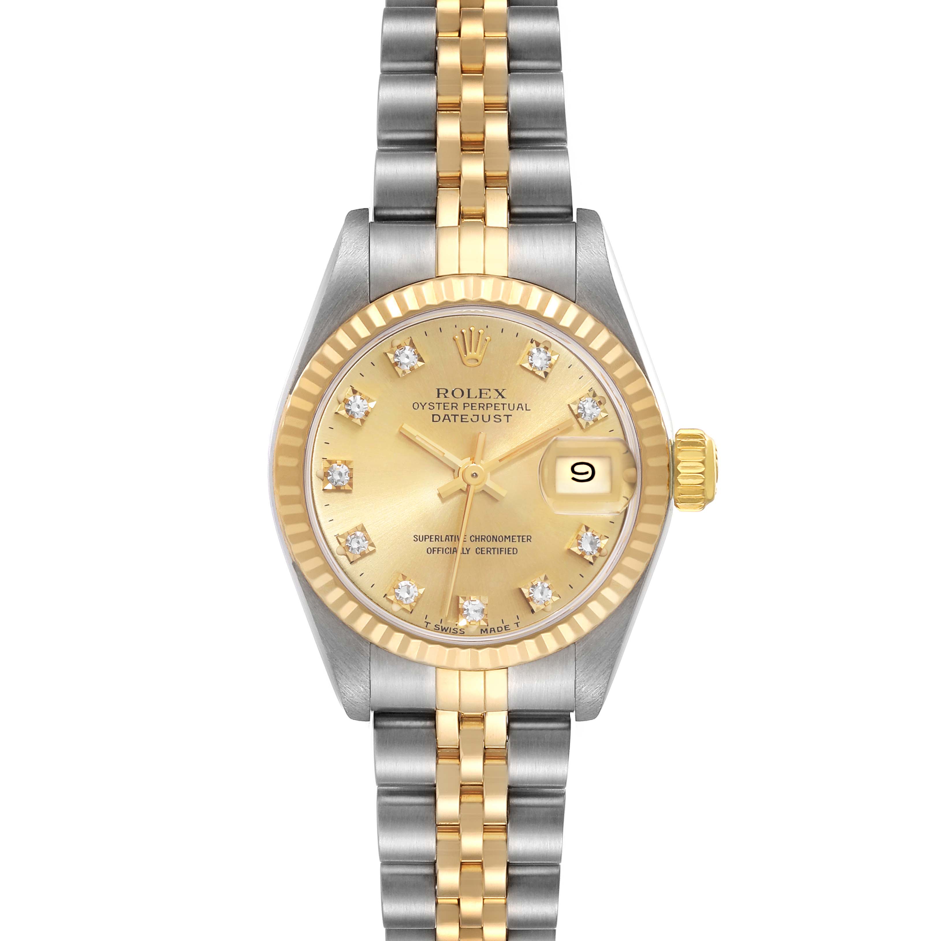 This image shows a Rolex Datejust 69173 Women's Steel and Gold (two tone) Champagne Dial 69173 Women's Steel and Gold (two tone) Champagne Dial watch from a front angle, highlighting its gold and silver two-tone bracelet, bezel, and dial.