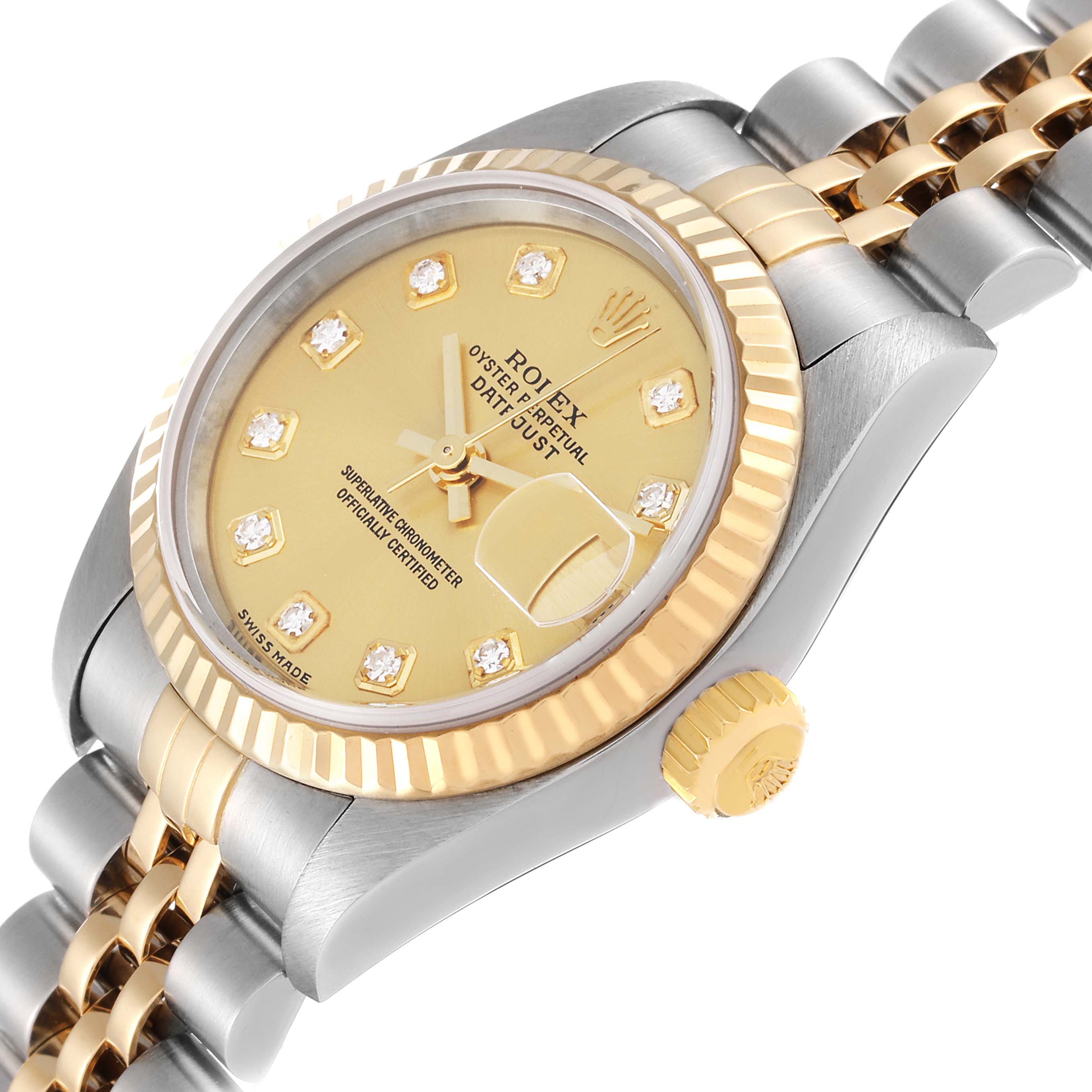 The image shows a close-up angled view of a Rolex Datejust 79173 Women's Steel and Gold (two tone) Champagne Dial 79173 Women's Steel and Gold (two tone) Champagne Dial watch, highlighting the dial, bezel, and part of the bracelet.
