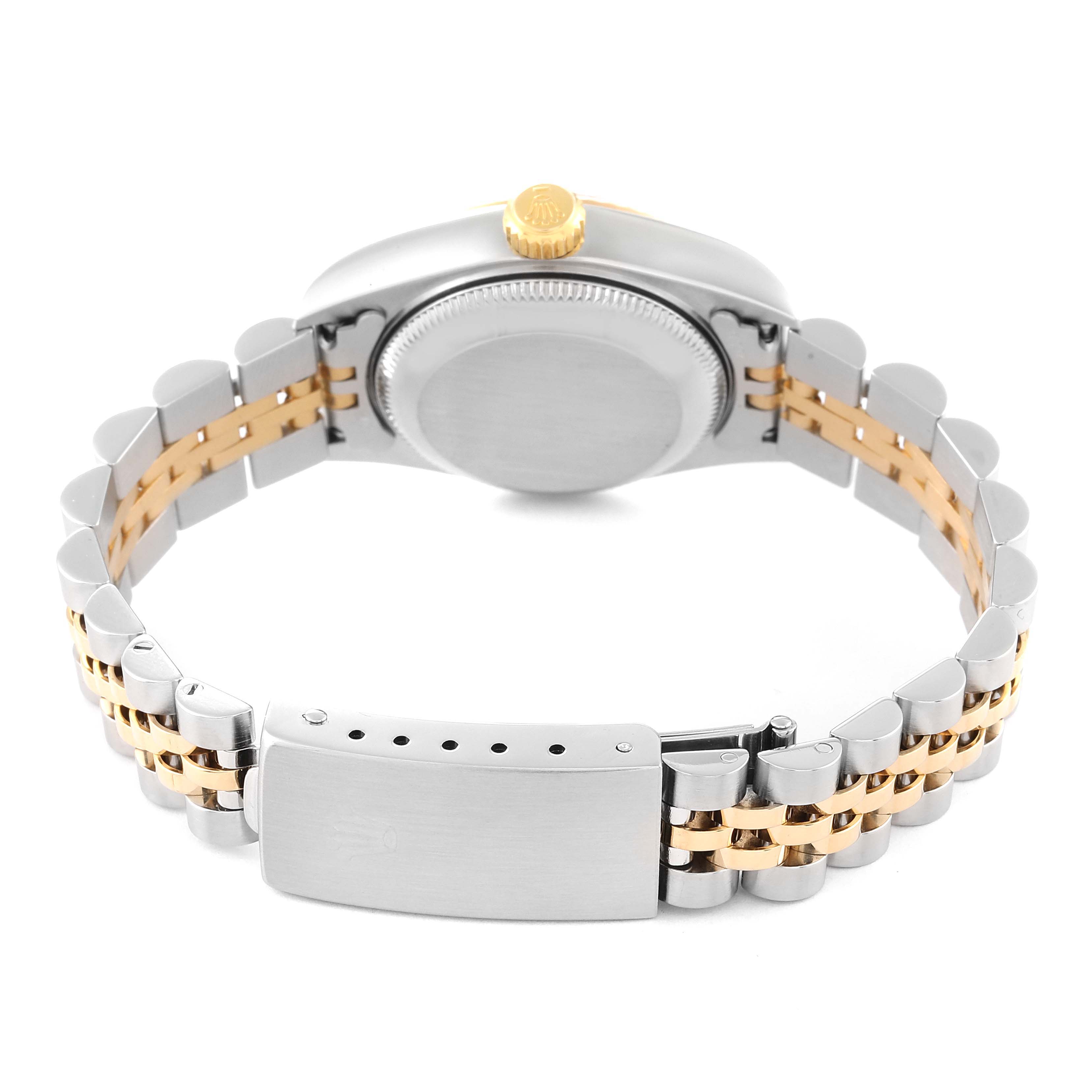 The image shows the back view of a Rolex Datejust 79173 Women's Steel and Gold (two tone) Champagne Dial 79173 Women's Steel and Gold (two tone) Champagne Dial watch, focusing on the case back, crown, and two-tone bracelet with the clasp.