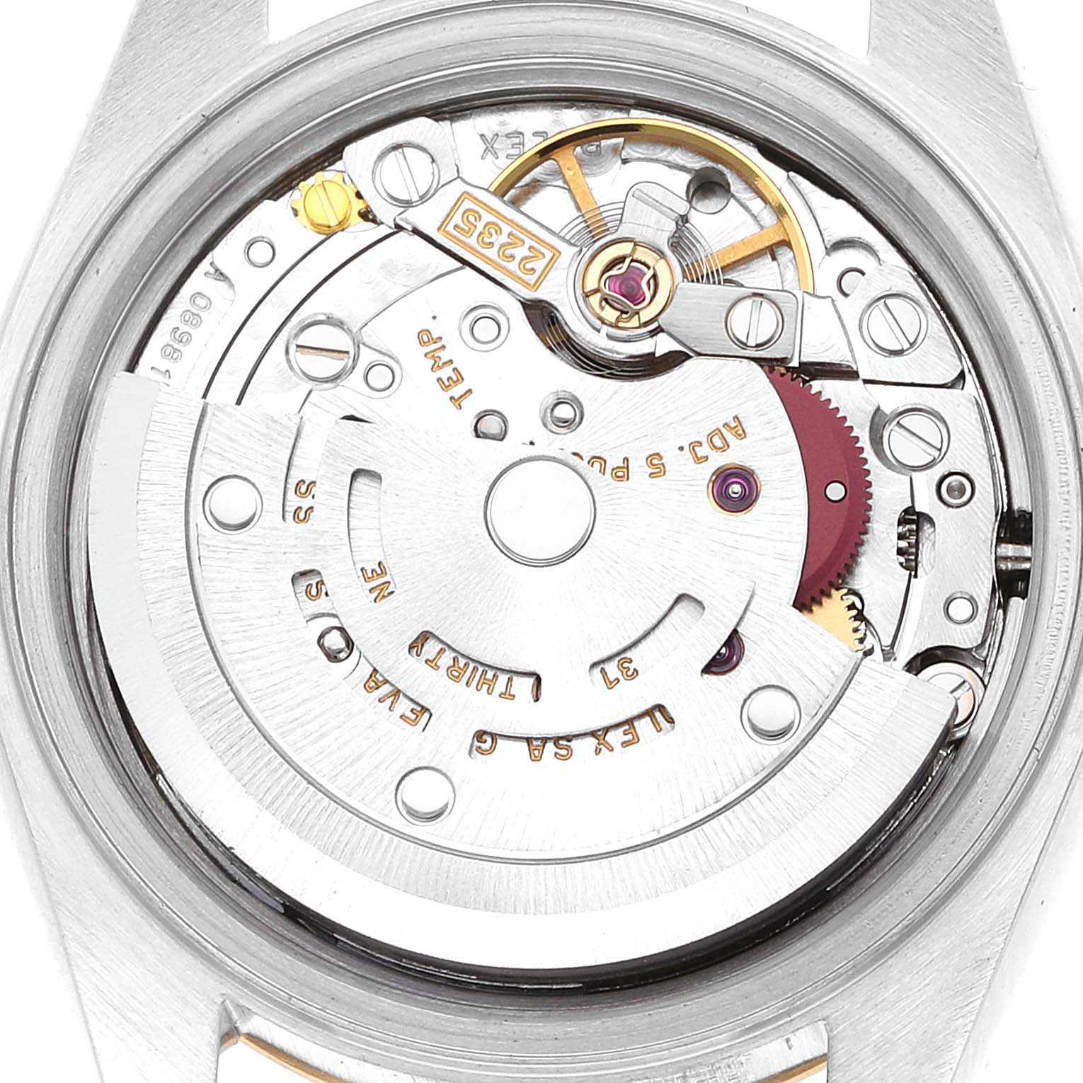 The image shows the intricate automatic movement mechanism of a Rolex Datejust 79173 Women's Steel and Gold (two tone) Champagne Dial 79173 Women's Steel and Gold (two tone) Champagne Dial watch from a back angle.