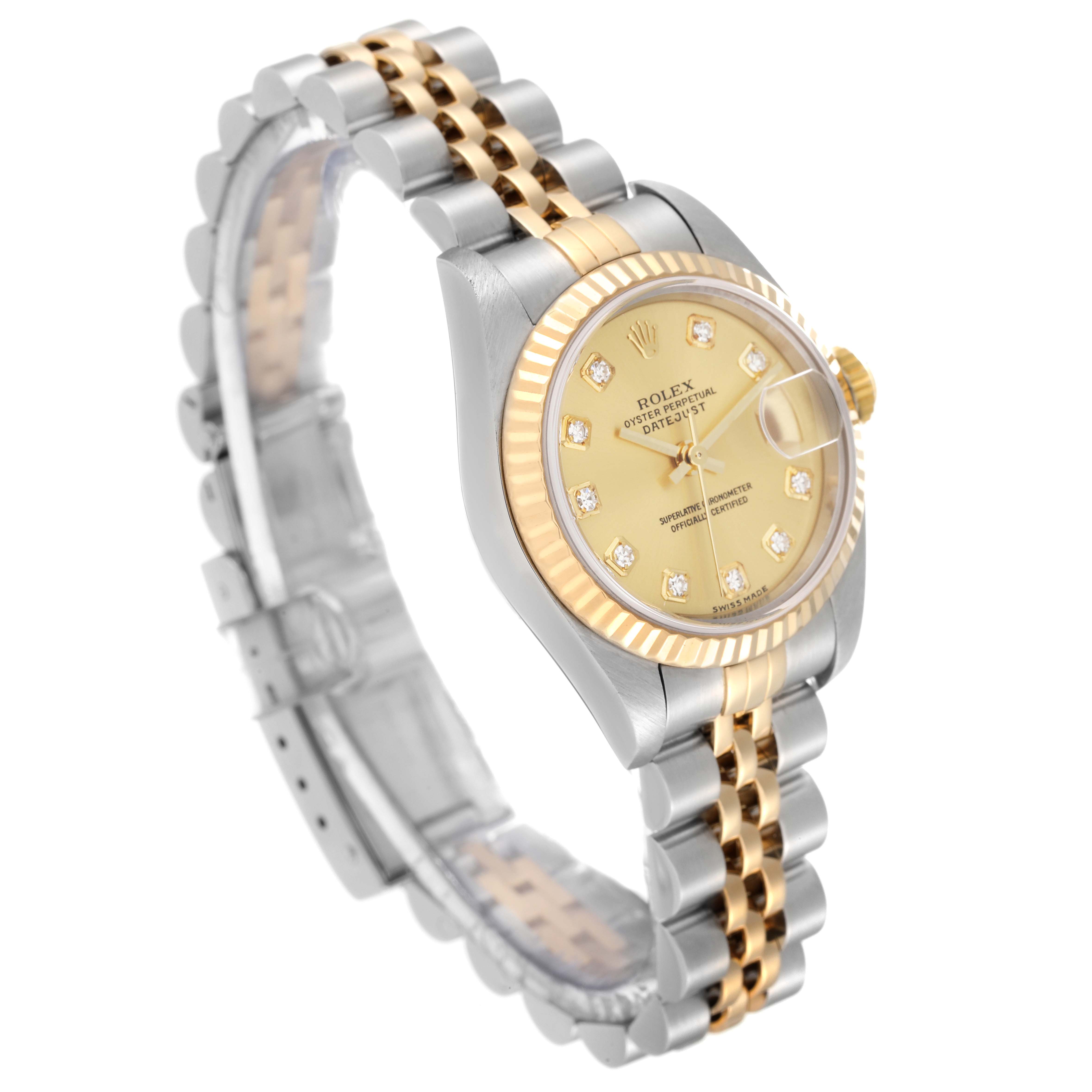 The Rolex Datejust 79173 Women's Steel and Gold (two tone) Champagne Dial 79173 Women's Steel and Gold (two tone) Champagne Dial watch is shown at a three-quarter angle, highlighting the face, bezel, and two-tone bracelet.