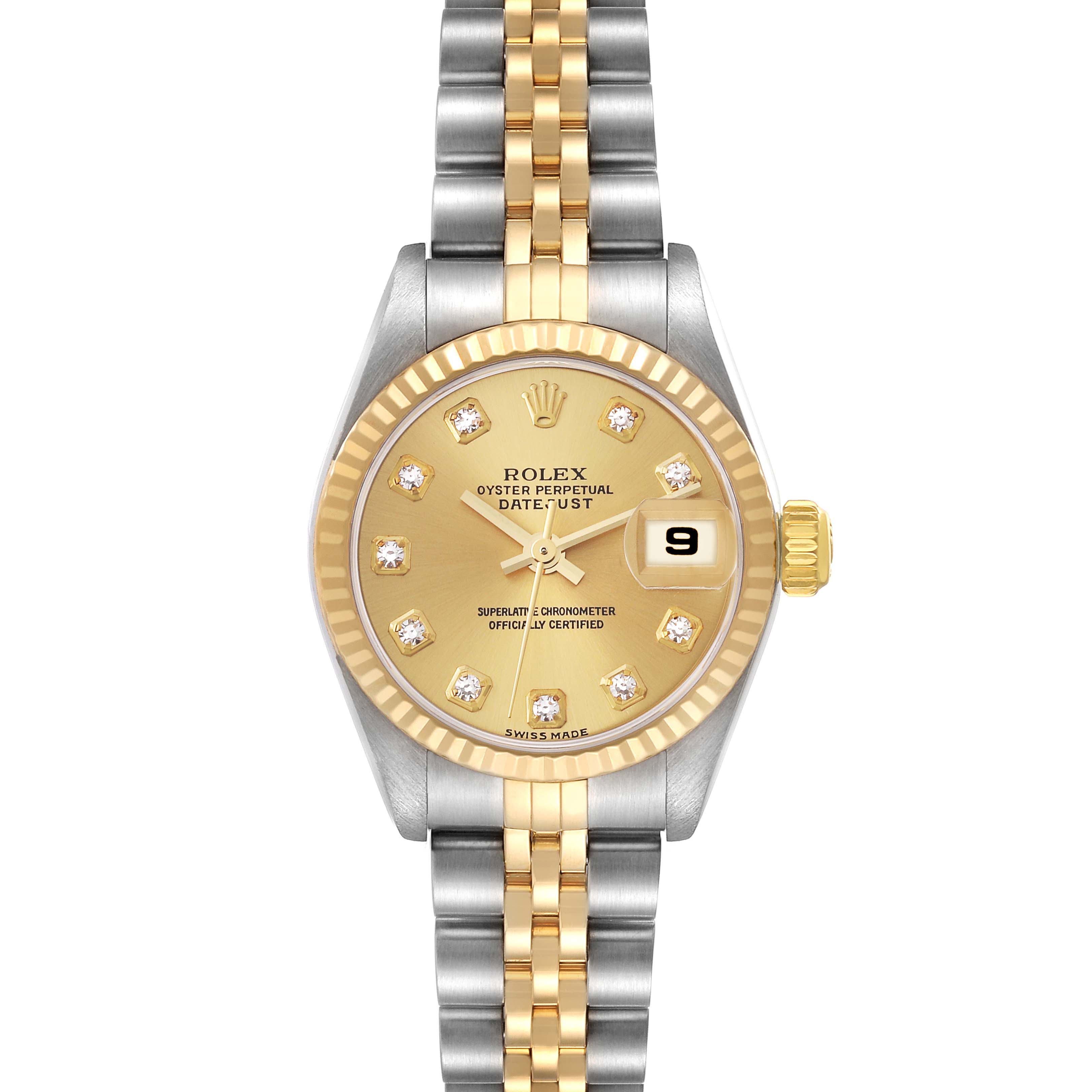 The image shows a front view of a Rolex Datejust 79173 Women's Steel and Gold (two tone) Champagne Dial 79173 Women's Steel and Gold (two tone) Champagne Dial watch with a two-tone bracelet, gold dial, and diamond hour markers.