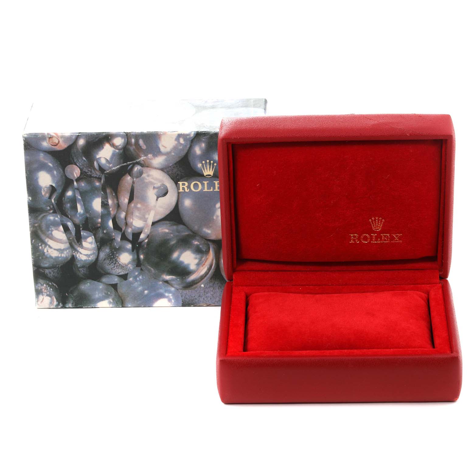 This image shows an open red box for a Rolex Datejust 79173 Women's Steel and Gold (two tone) Champagne Dial 79173 Women's Steel and Gold (two tone) Champagne Dial watch, with a decorative outer box displayed behind it.