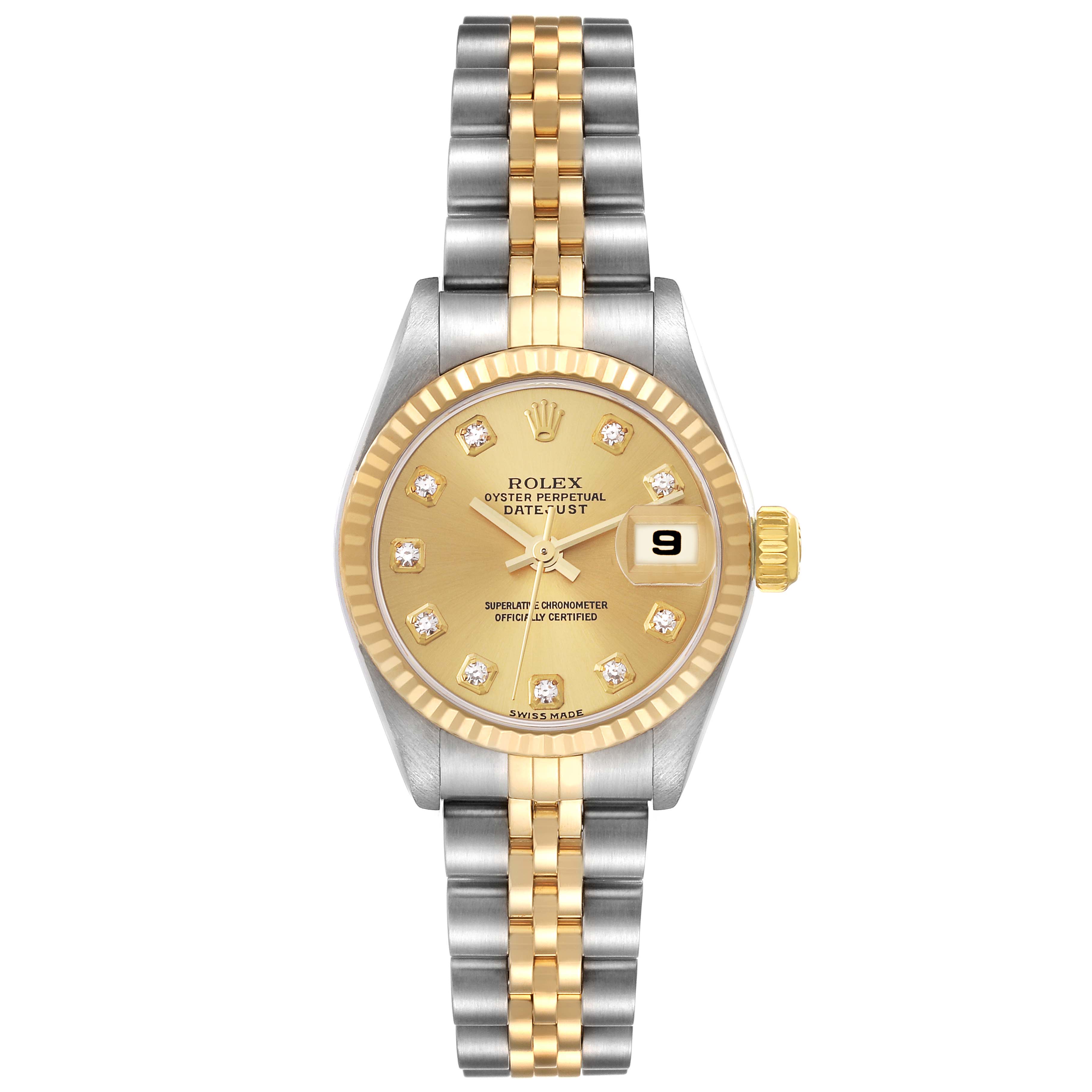This image showcases a Rolex Datejust 79173 Women's Steel and Gold (two tone) Champagne Dial 79173 Women's Steel and Gold (two tone) Champagne Dial watch from a top-down angle, highlighting the face, bezel, and bracelet.