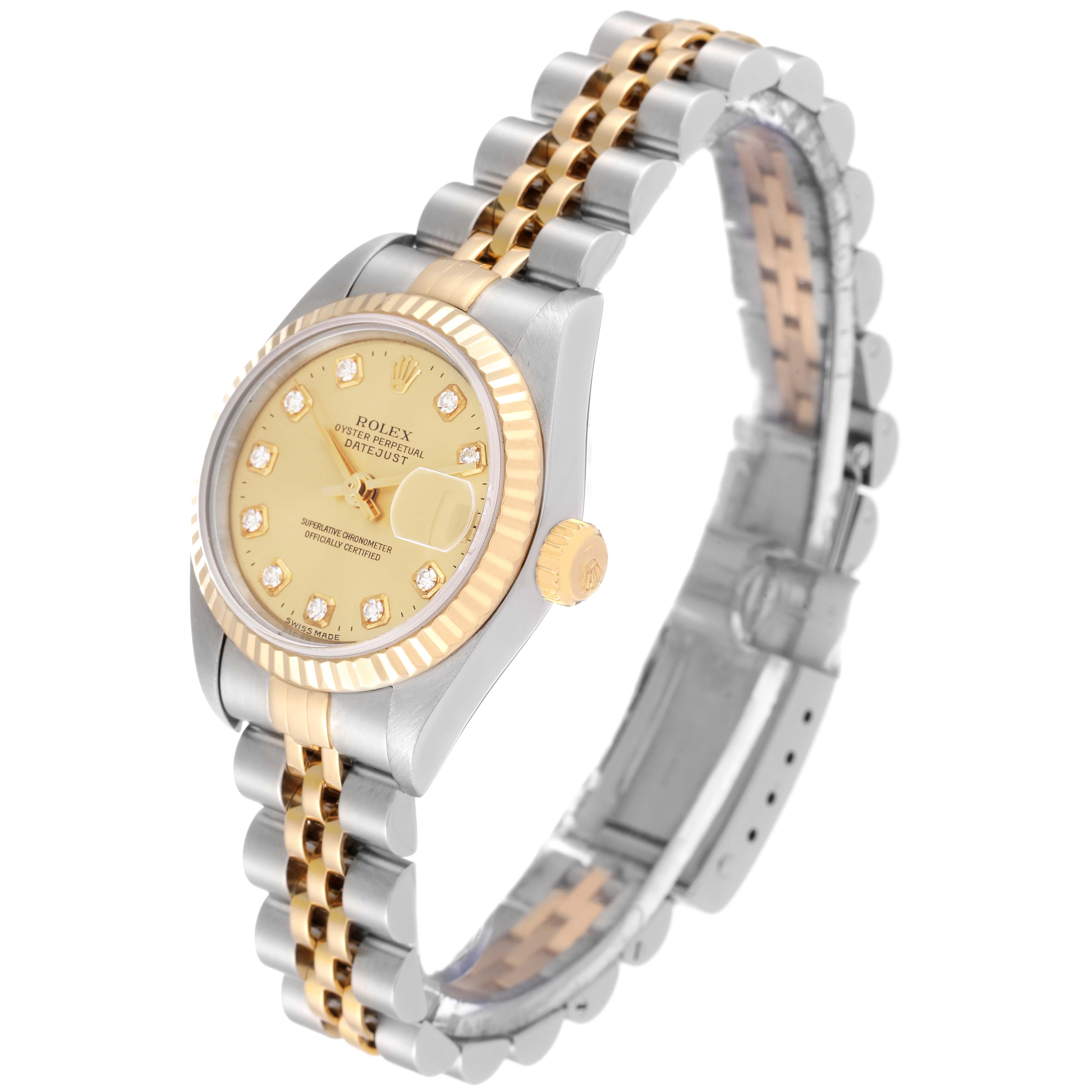 The Rolex Datejust 79173 Women's Steel and Gold (two tone) Champagne Dial 79173 Women's Steel and Gold (two tone) Champagne Dial watch is shown at a slight angle, highlighting the dial, bezel, crown, and two-tone metal bracelet.