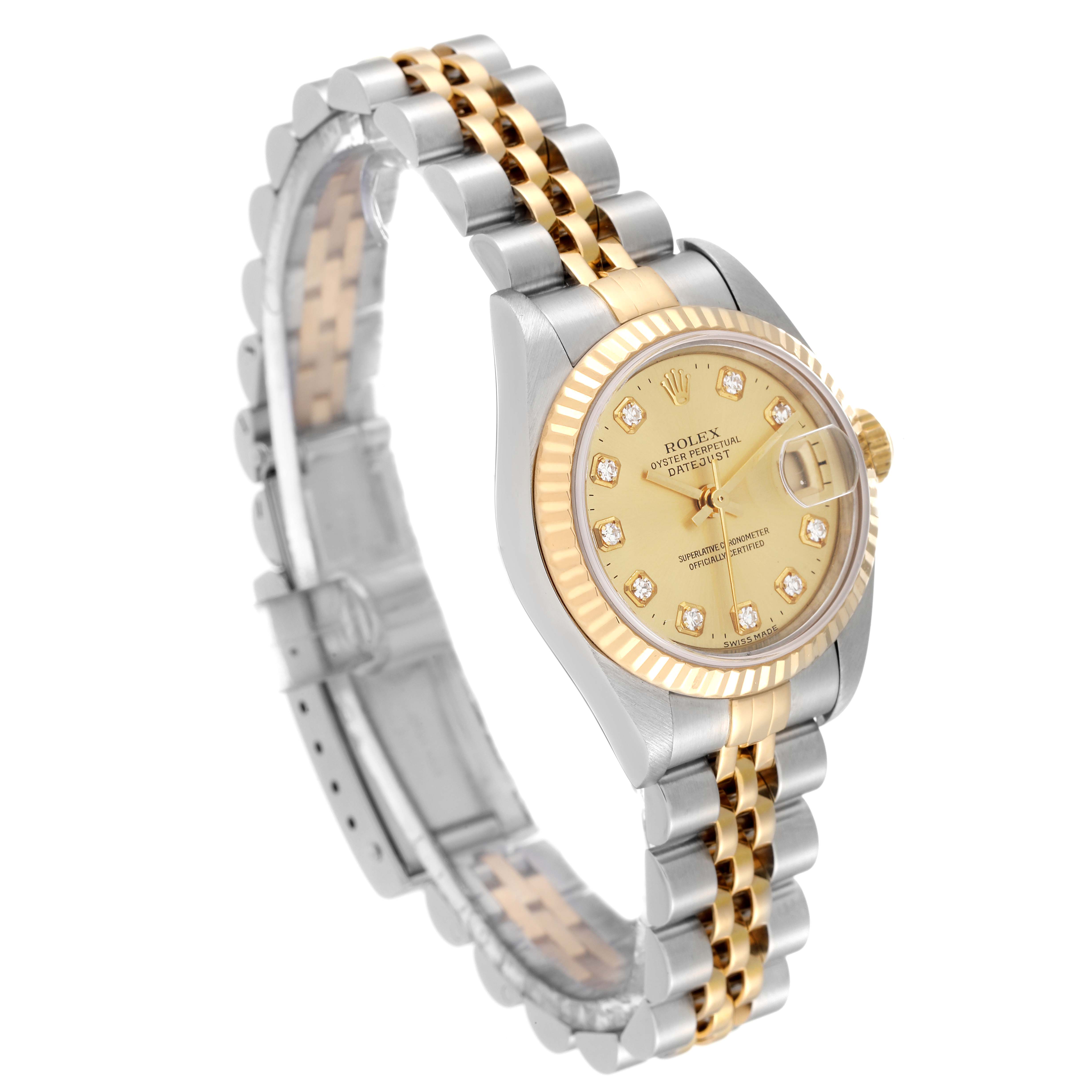 The Rolex Datejust 79173 Women's Steel and Gold (two tone) Champagne Dial 79173 Women's Steel and Gold (two tone) Champagne Dial watch is shown at a slight angle, displaying the face, bezel, and two-tone bracelet.