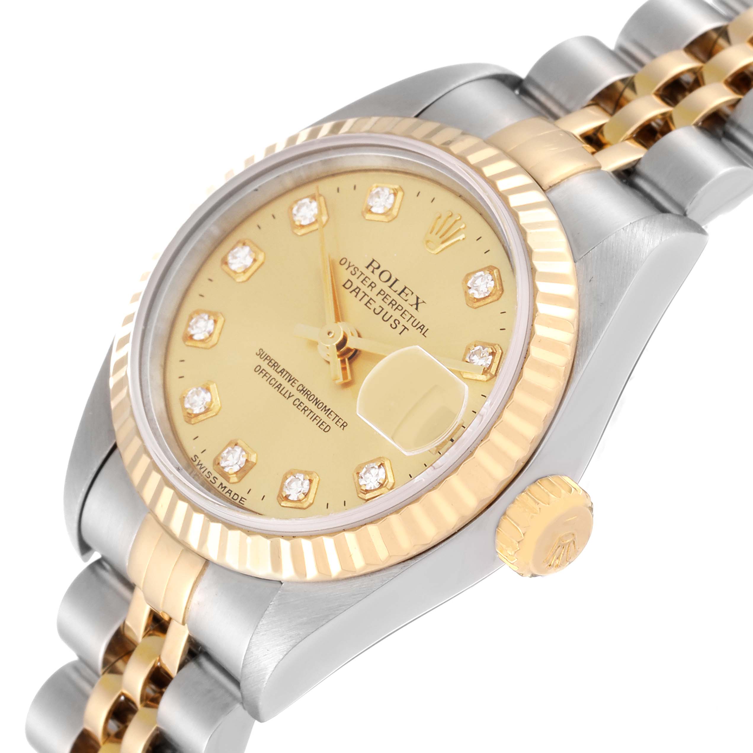 The image shows a Rolex Datejust 79173 Women's Steel and Gold (two tone) Champagne Dial 79173 Women's Steel and Gold (two tone) Champagne Dial watch from a slightly angled top view, highlighting its bezel, dial, and bracelet.