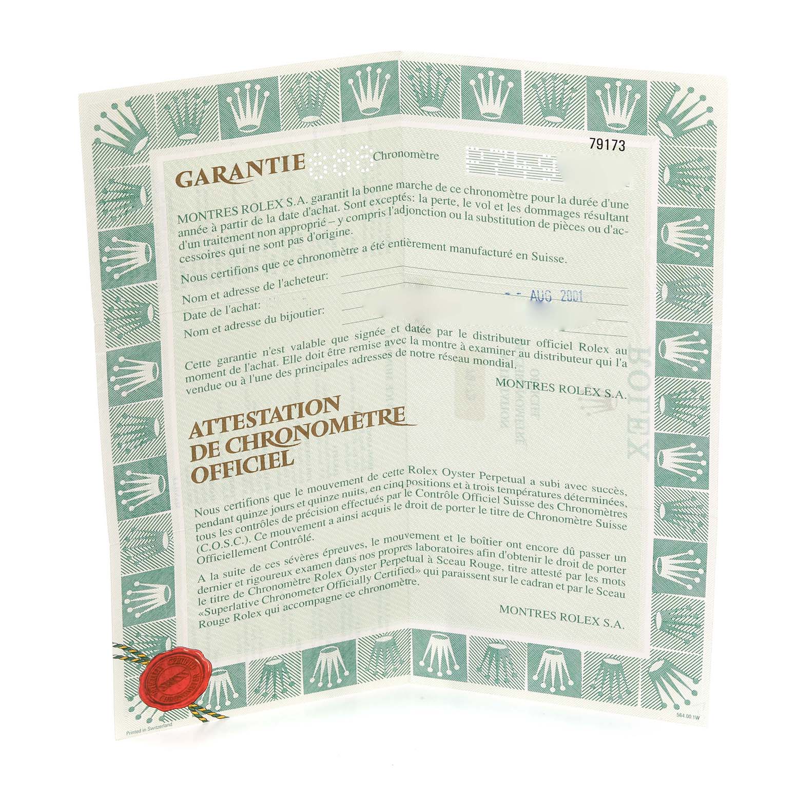 This image shows the warranty and chronometer certification for the Rolex Datejust 79173 Women's Steel and Gold (two tone) Champagne Dial 79173 Women's Steel and Gold (two tone) Champagne Dial model.