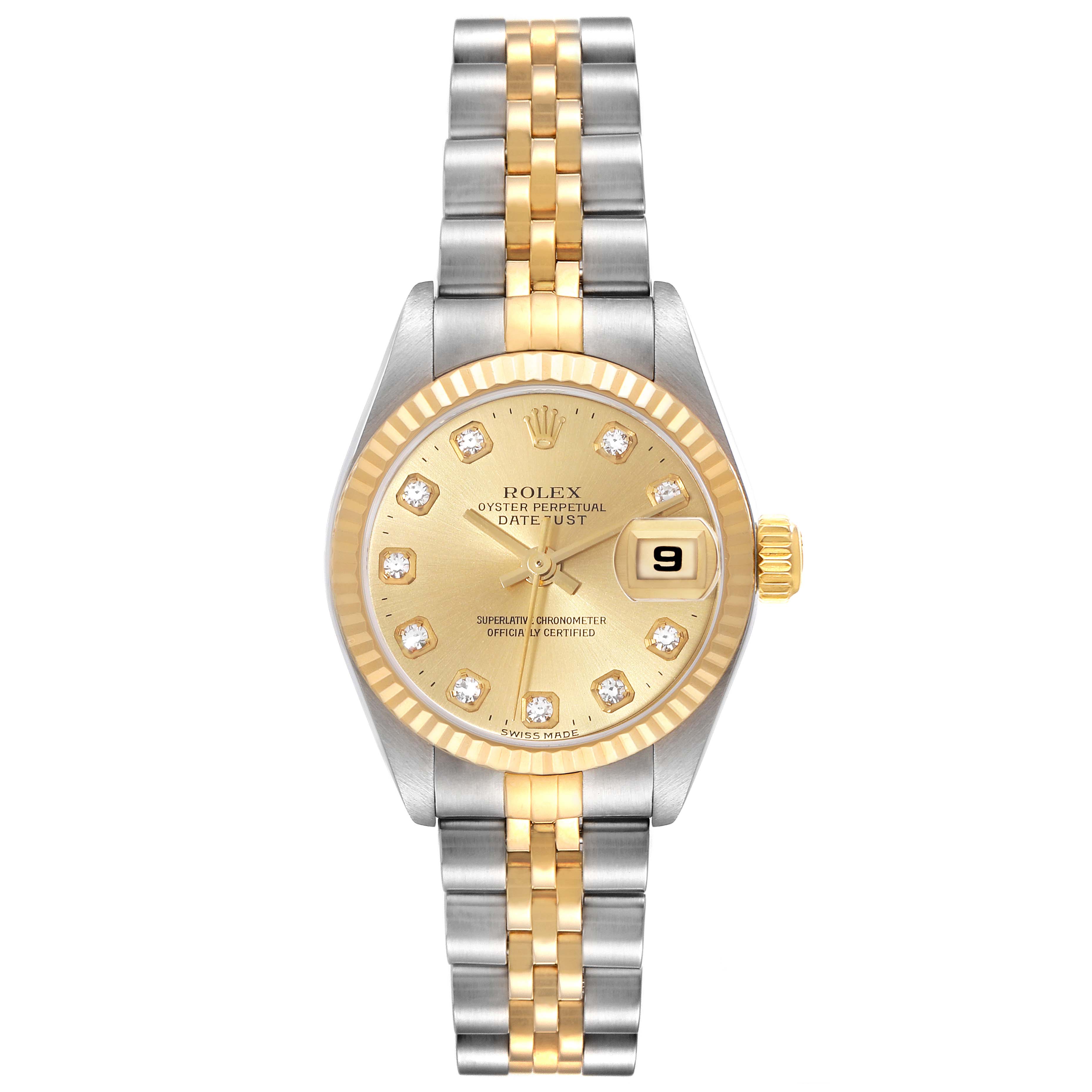 This is a front view of the Rolex Datejust 79173 Women's Steel and Gold (two tone) Champagne Dial 79173 Women's Steel and Gold (two tone) Champagne Dial watch, showcasing the bezel, dial, hands, date window, and bracelet.