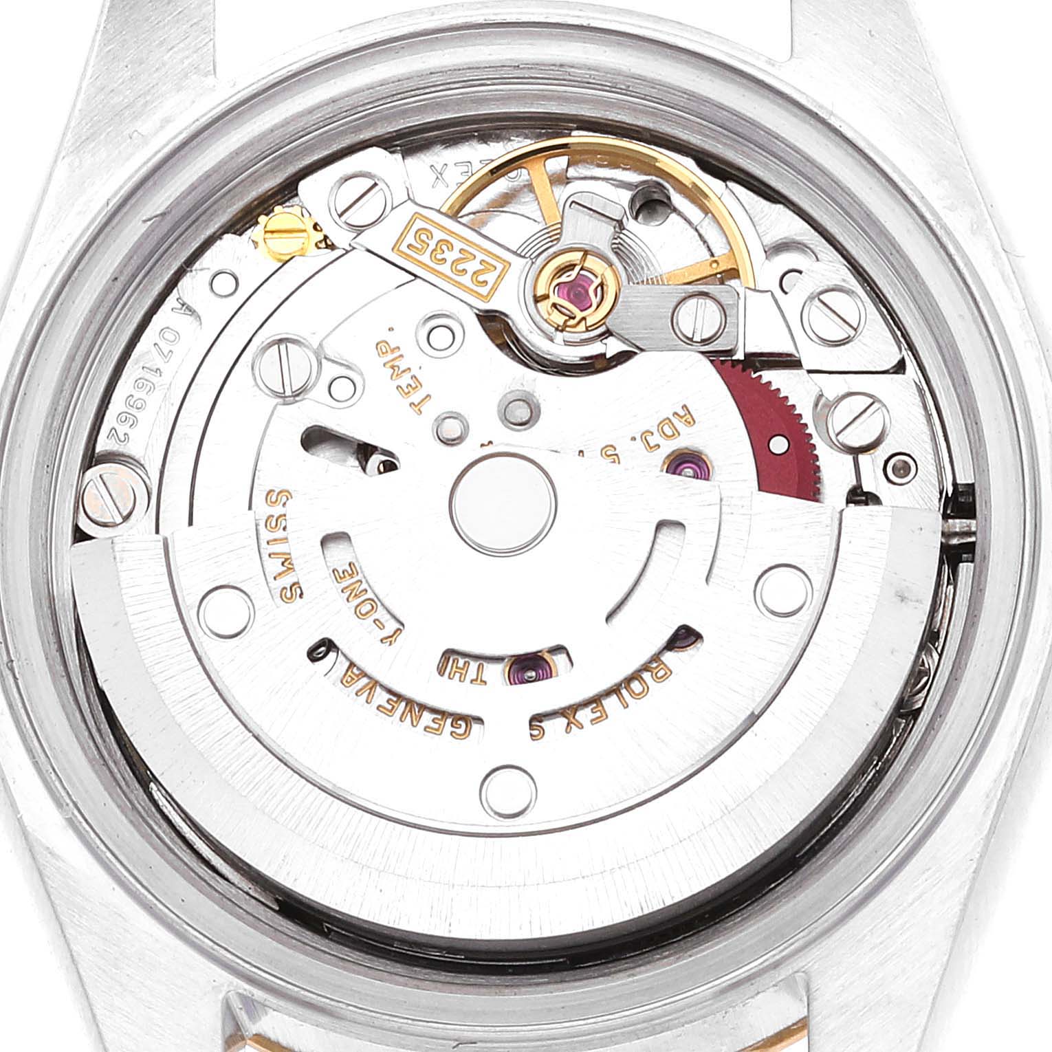 The image shows the inner mechanical movement of a Rolex Datejust 79173 Women's Steel and Gold (two tone) Champagne Dial 79173 Women's Steel and Gold (two tone) Champagne Dial watch from a straight-on angle, highlighting its intricate components.