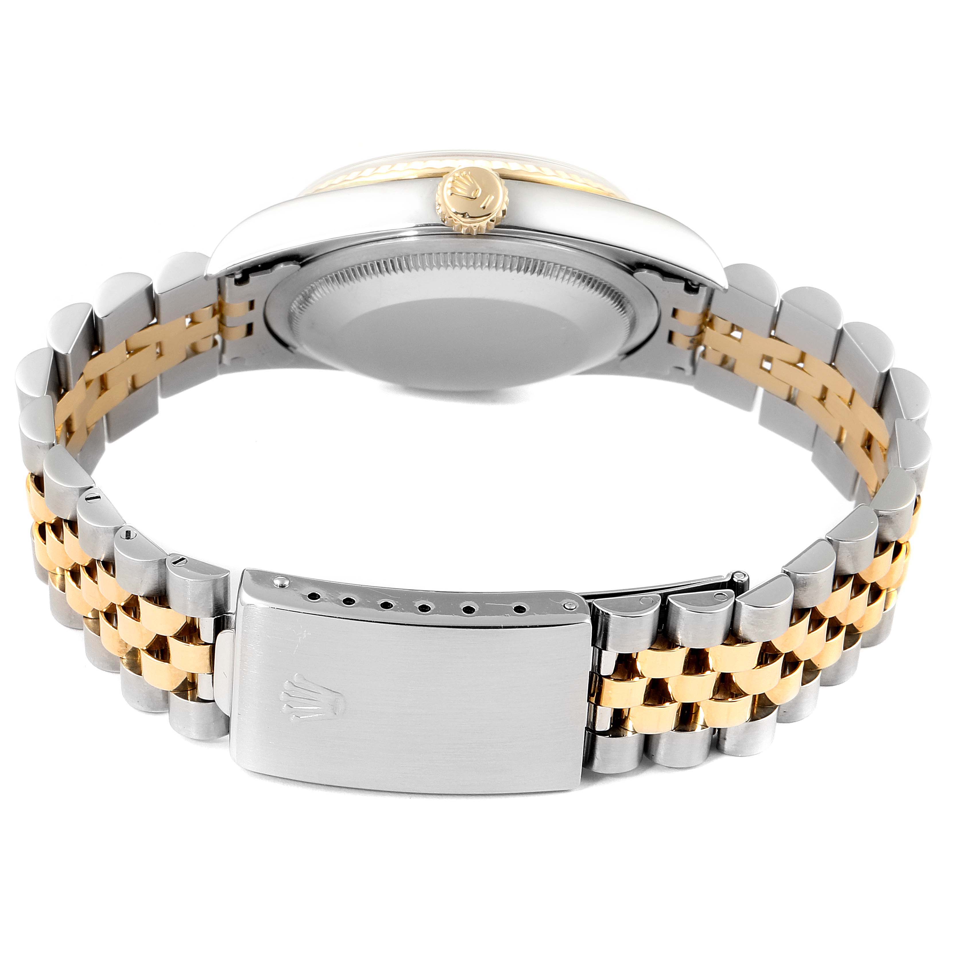 The image shows the back view of a Rolex Datejust 16233 Men's Stainless Steel Blue Dial 16233 Men's Stainless Steel Blue Dial watch, highlighting its case, crown, and Jubilee bracelet with a clasp.