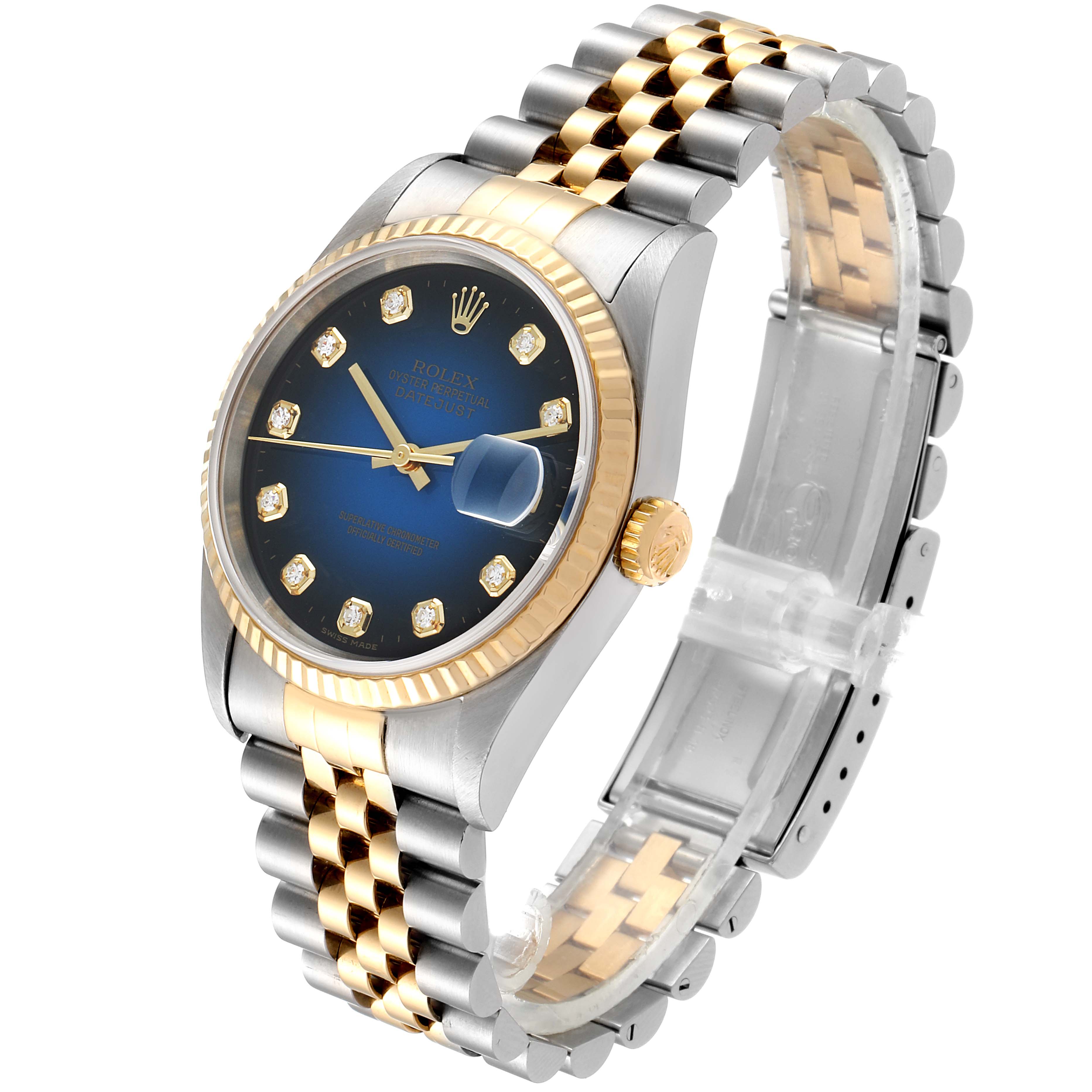 The image shows a Rolex Datejust 16233 Men's Stainless Steel Blue Dial 16233 Men's Stainless Steel Blue Dial watch at a three-quarter angle, highlighting its blue dial, gold bezel, and two-tone bracelet.
