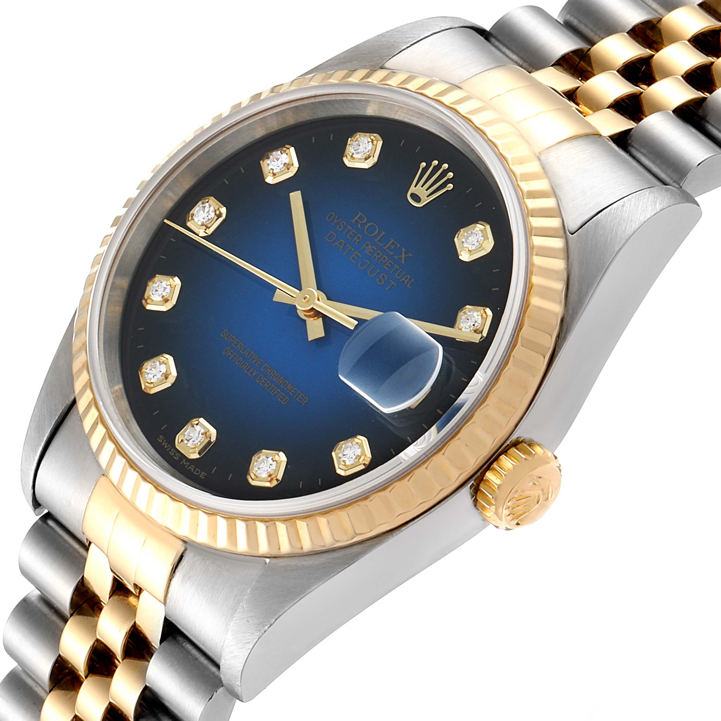 The image shows a close-up of the Rolex Datejust 16233 Men's Stainless Steel Blue Dial 16233 Men's Stainless Steel Blue Dial watch at an angled view, highlighting its face, bezel, and part of the bracelet.