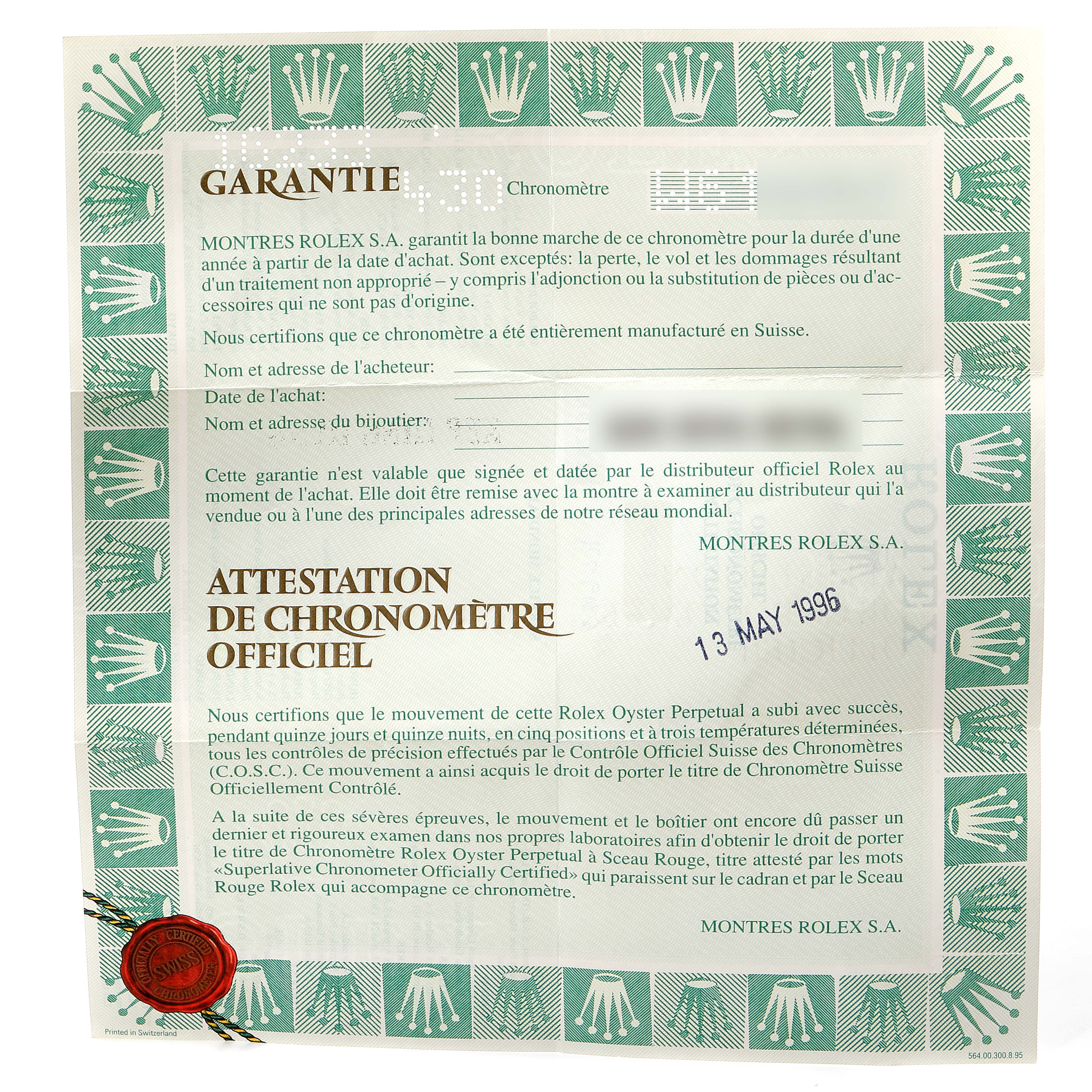 This image shows the official warranty certificate for a Rolex Datejust 16233 Men's Stainless Steel Blue Dial 16233 Men's Stainless Steel Blue Dial watch model.