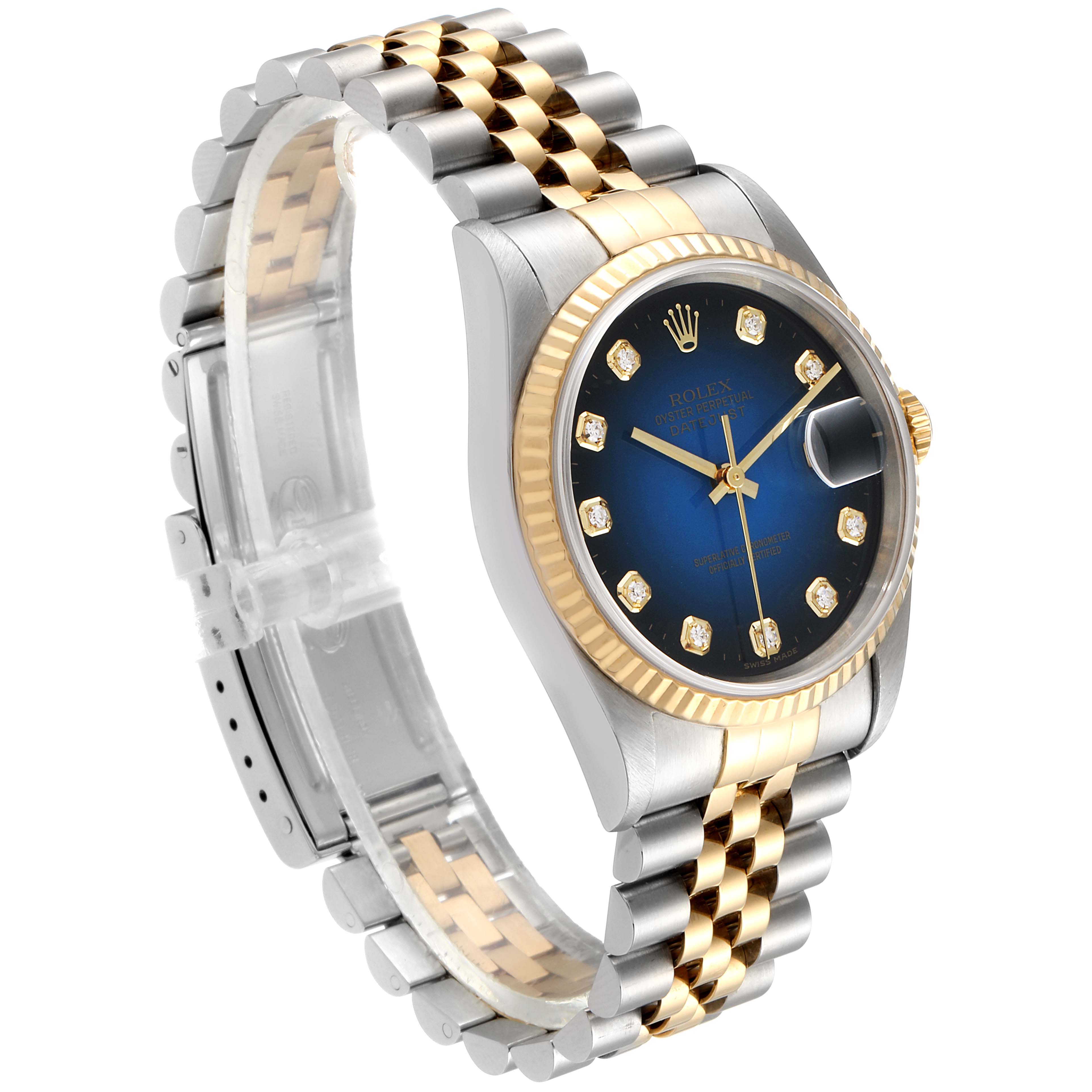 The image shows a Rolex Datejust 16233 Men's Stainless Steel Blue Dial 16233 Men's Stainless Steel Blue Dial watch at an angled side view, highlighting its bracelet, bezel, and watch face.