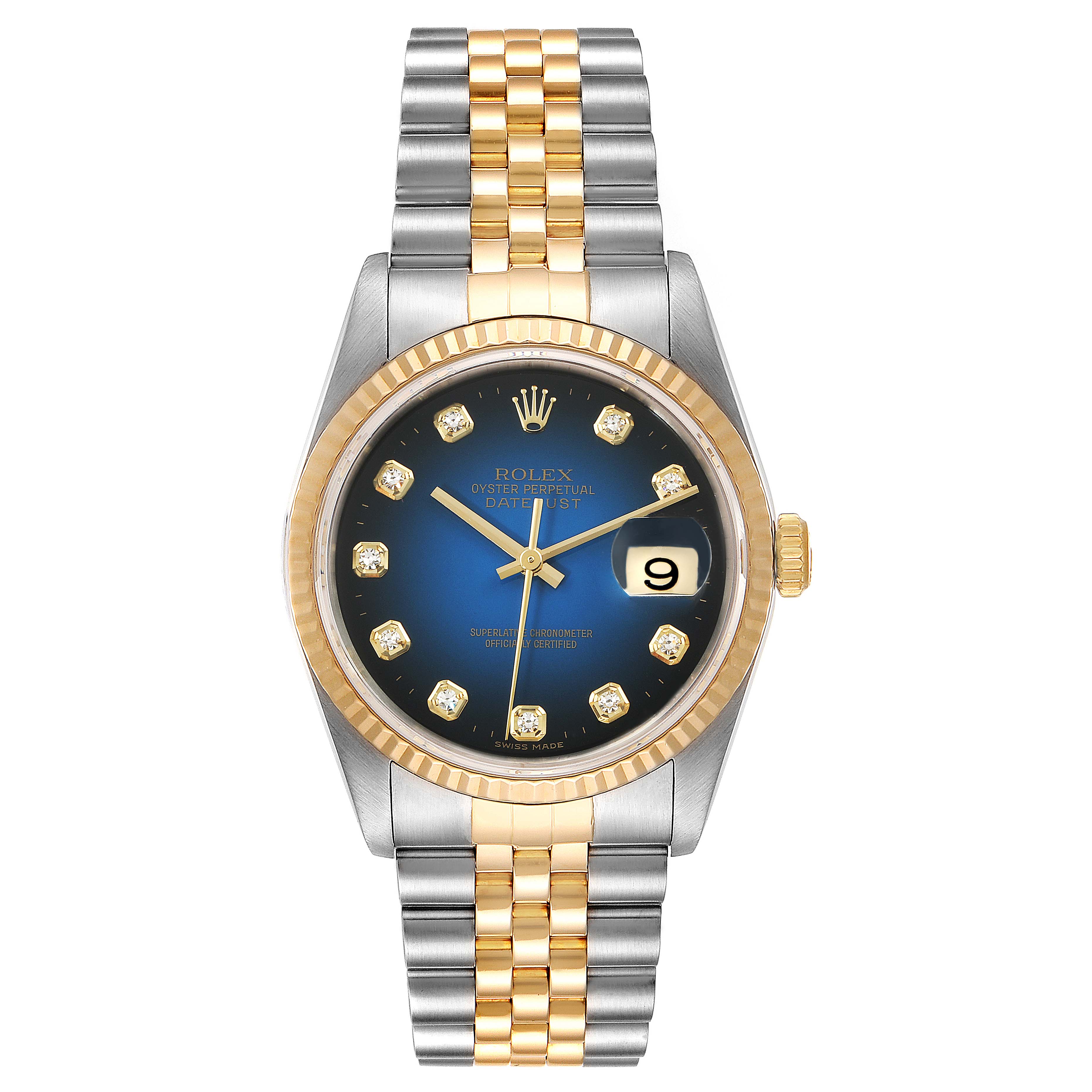 This image shows a front view of a Rolex Datejust 16233 Men's Stainless Steel Blue Dial 16233 Men's Stainless Steel Blue Dial watch featuring its dial, bezel, and bracelet.