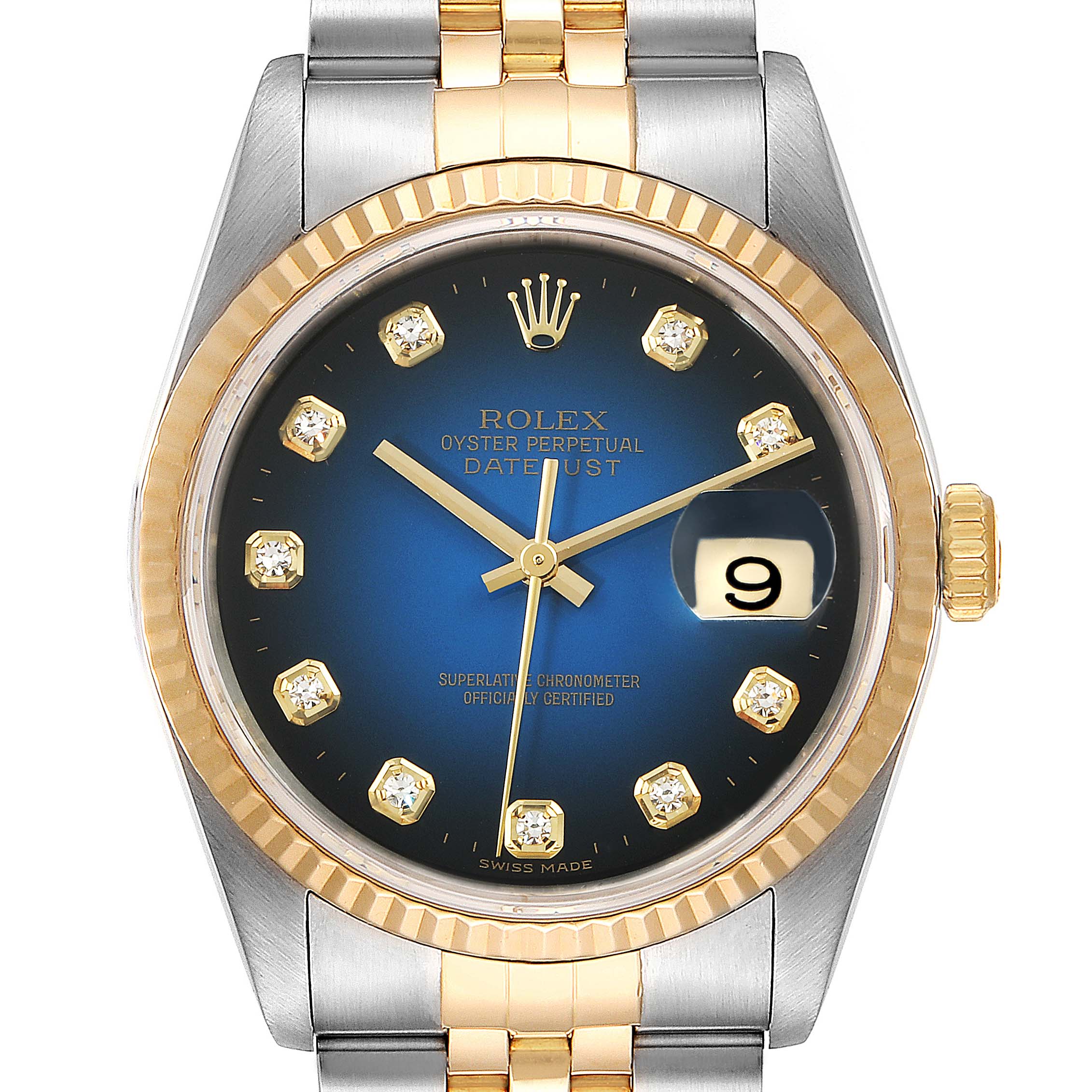 The image shows a frontal view of the Rolex Datejust 16233 Men's Stainless Steel Blue Dial 16233 Men's Stainless Steel Blue Dial watch, highlighting the bezel, dial, and part of the bracelet.