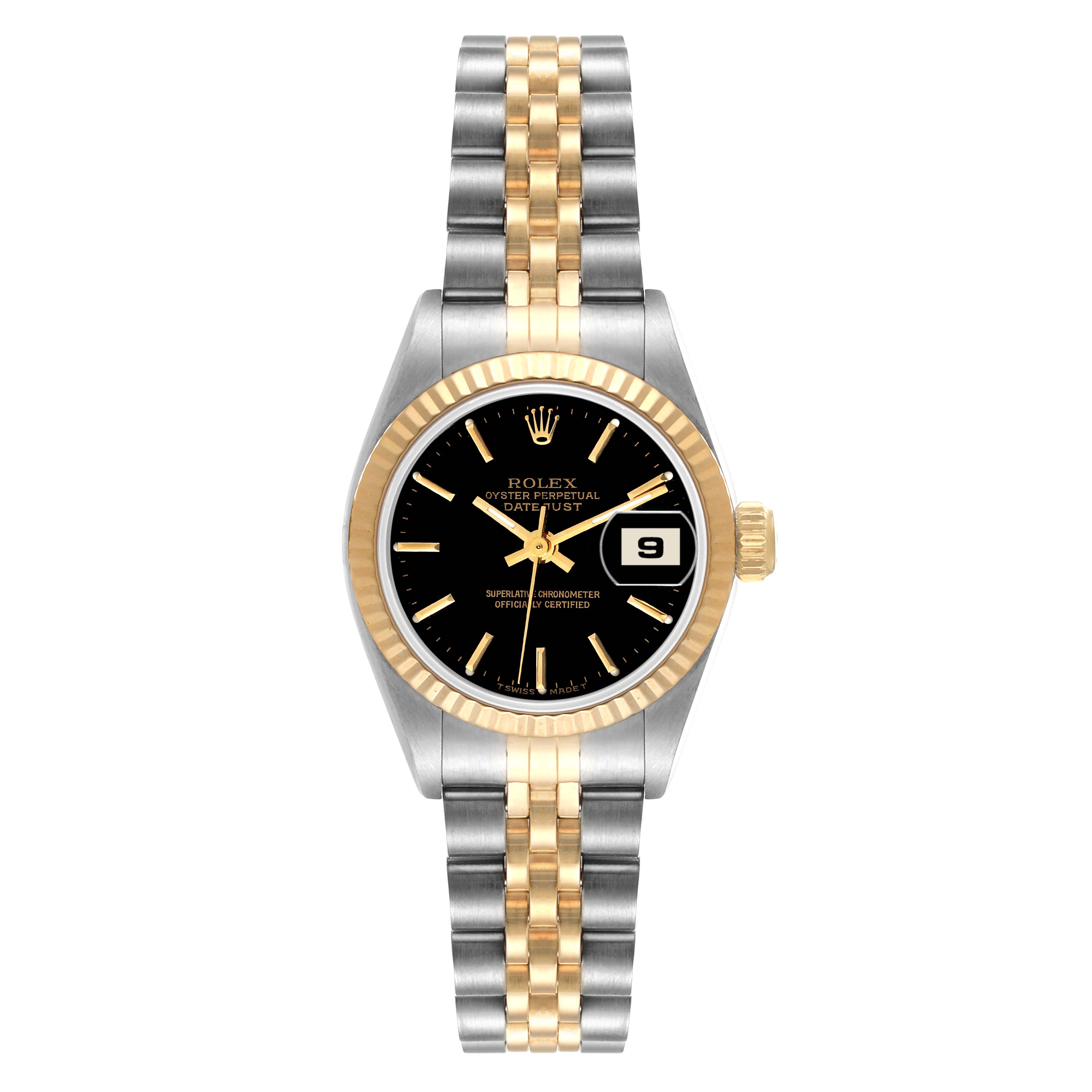 This Rolex Datejust 69173 Women's Steel and Gold (two tone) Black Dial 69173 Women's Steel and Gold (two tone) Black Dial watch is shown from a top-down angle, displaying its face, bracelet, and bezel.