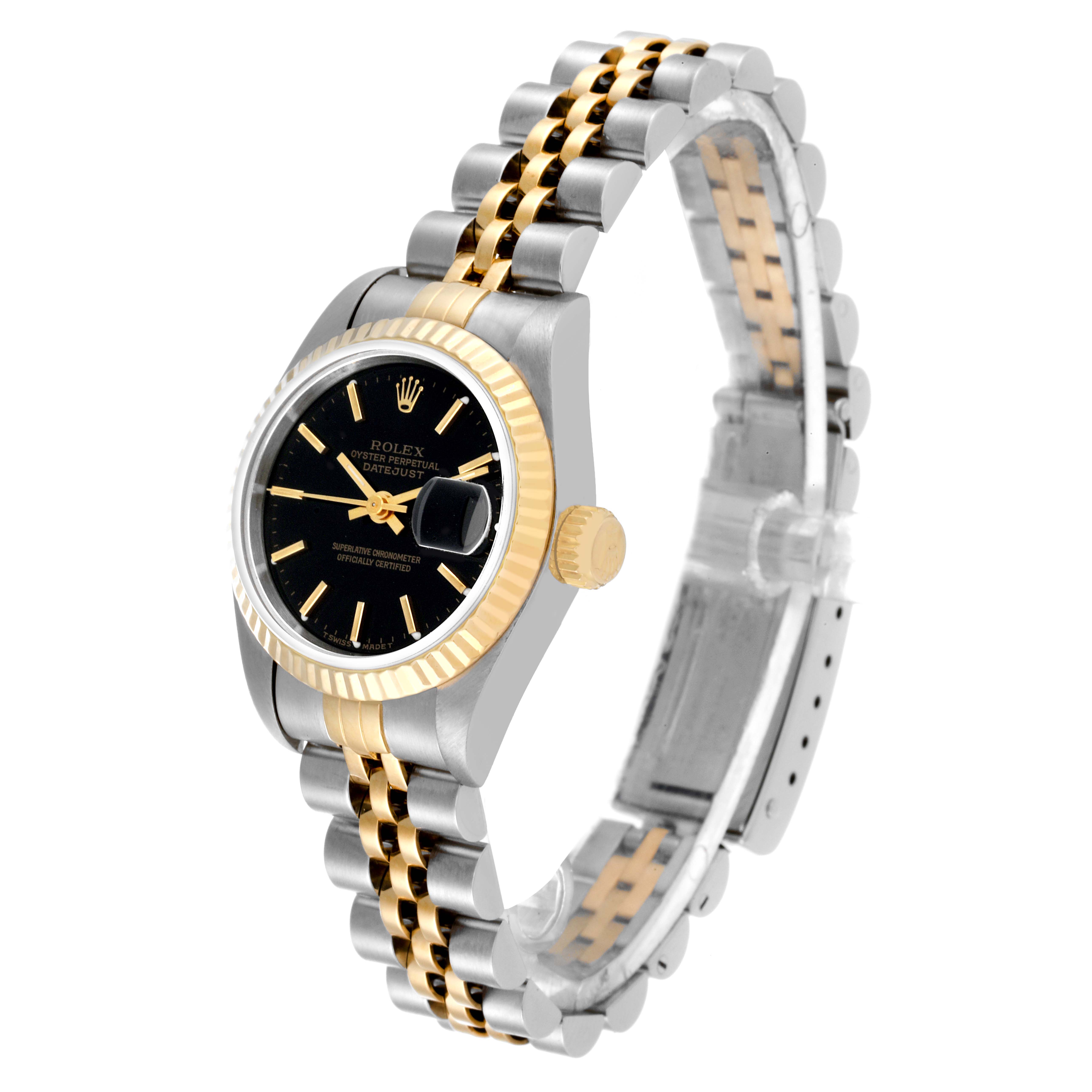 The image shows a Rolex Datejust 69173 Women's Steel and Gold (two tone) Black Dial 69173 Women's Steel and Gold (two tone) Black Dial watch at a three-quarter angle, highlighting its black dial, gold fluted bezel, crown, and two-tone metal bracelet.