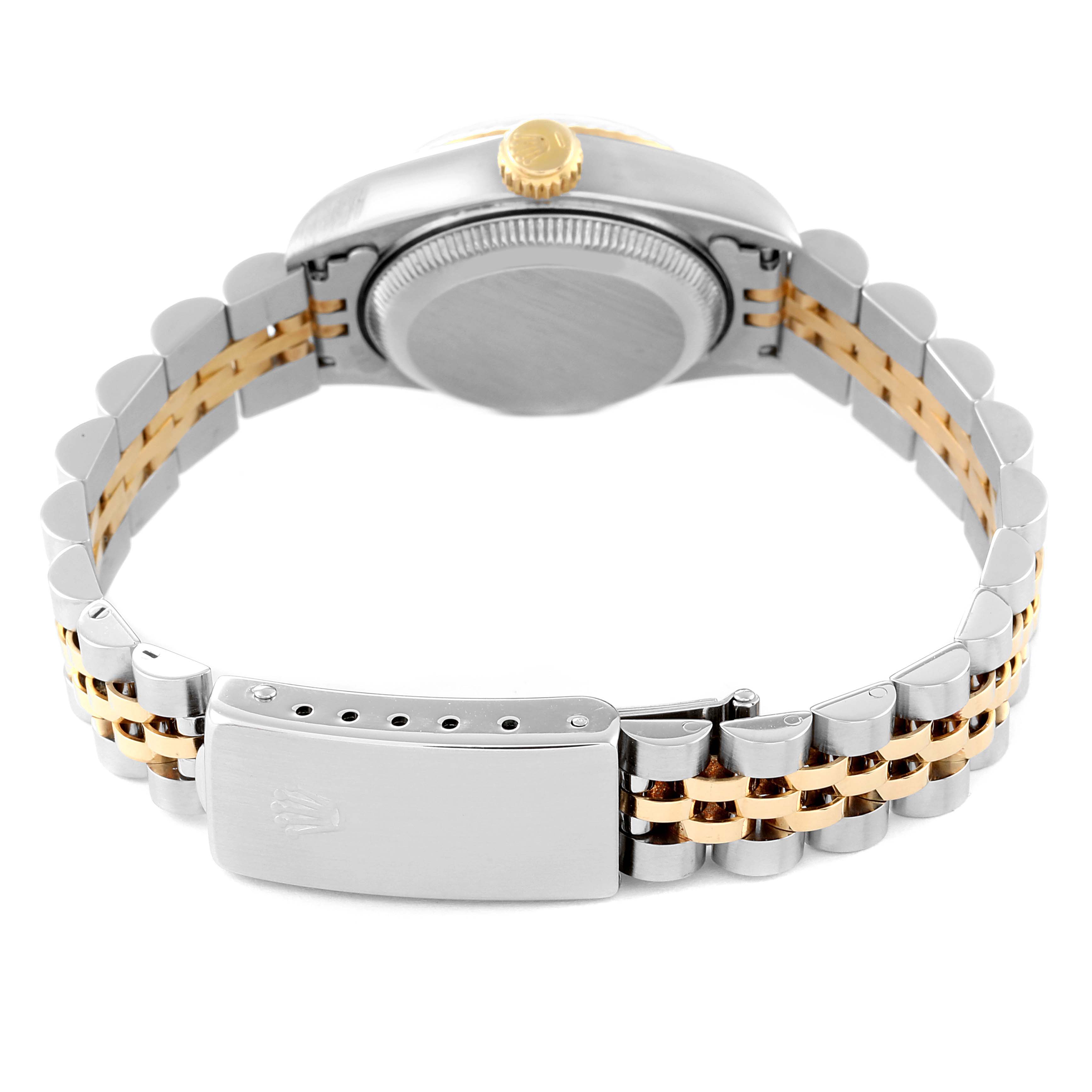 This image shows the back view of a Rolex Datejust 69173 Women's Steel and Gold (two tone) Black Dial 69173 Women's Steel and Gold (two tone) Black Dial watch, highlighting its two-tone bracelet and clasp.