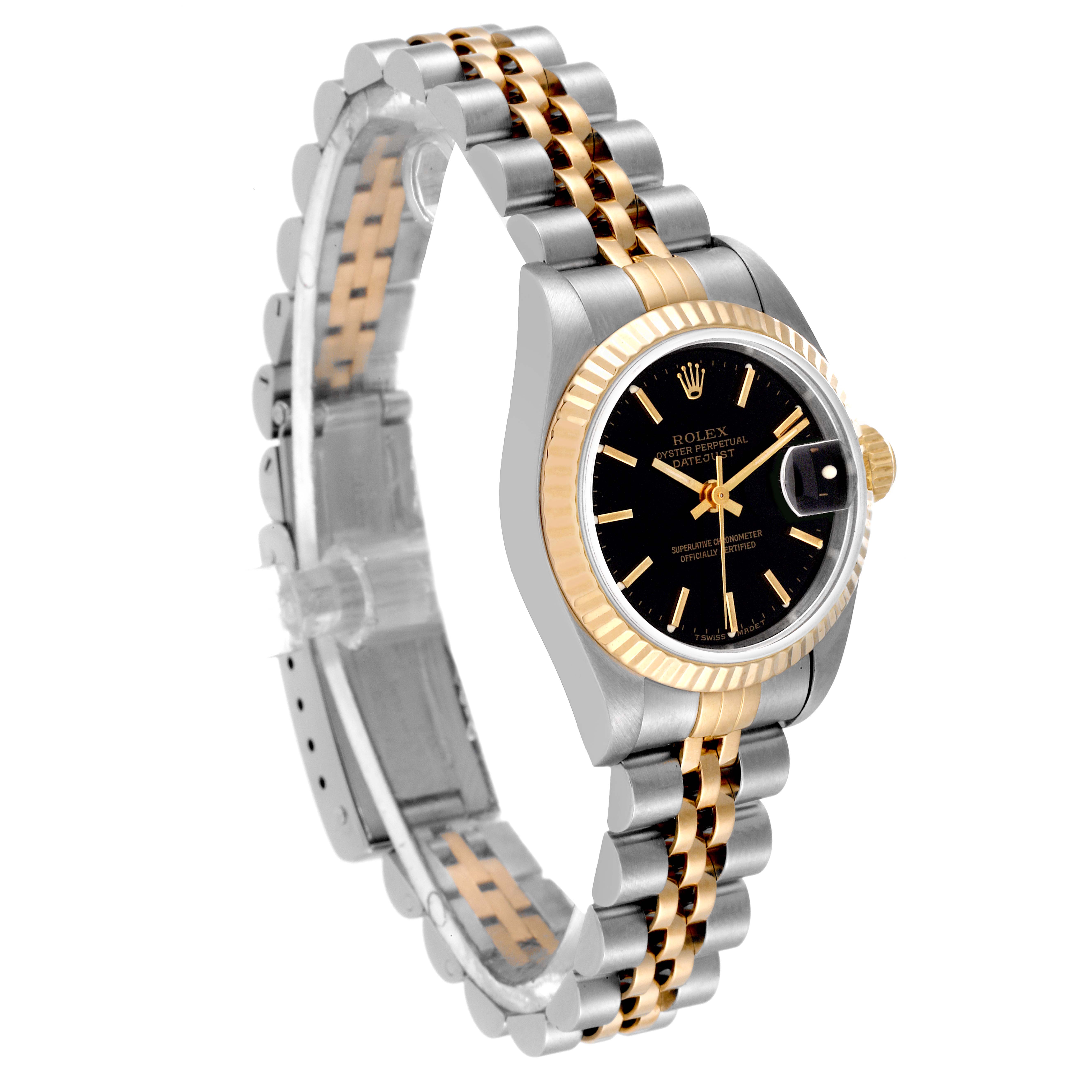 The Rolex Datejust 69173 Women's Steel and Gold (two tone) Black Dial 69173 Women's Steel and Gold (two tone) Black Dial watch is shown at an angle displaying the dial, fluted bezel, and two-tone jubilee bracelet.