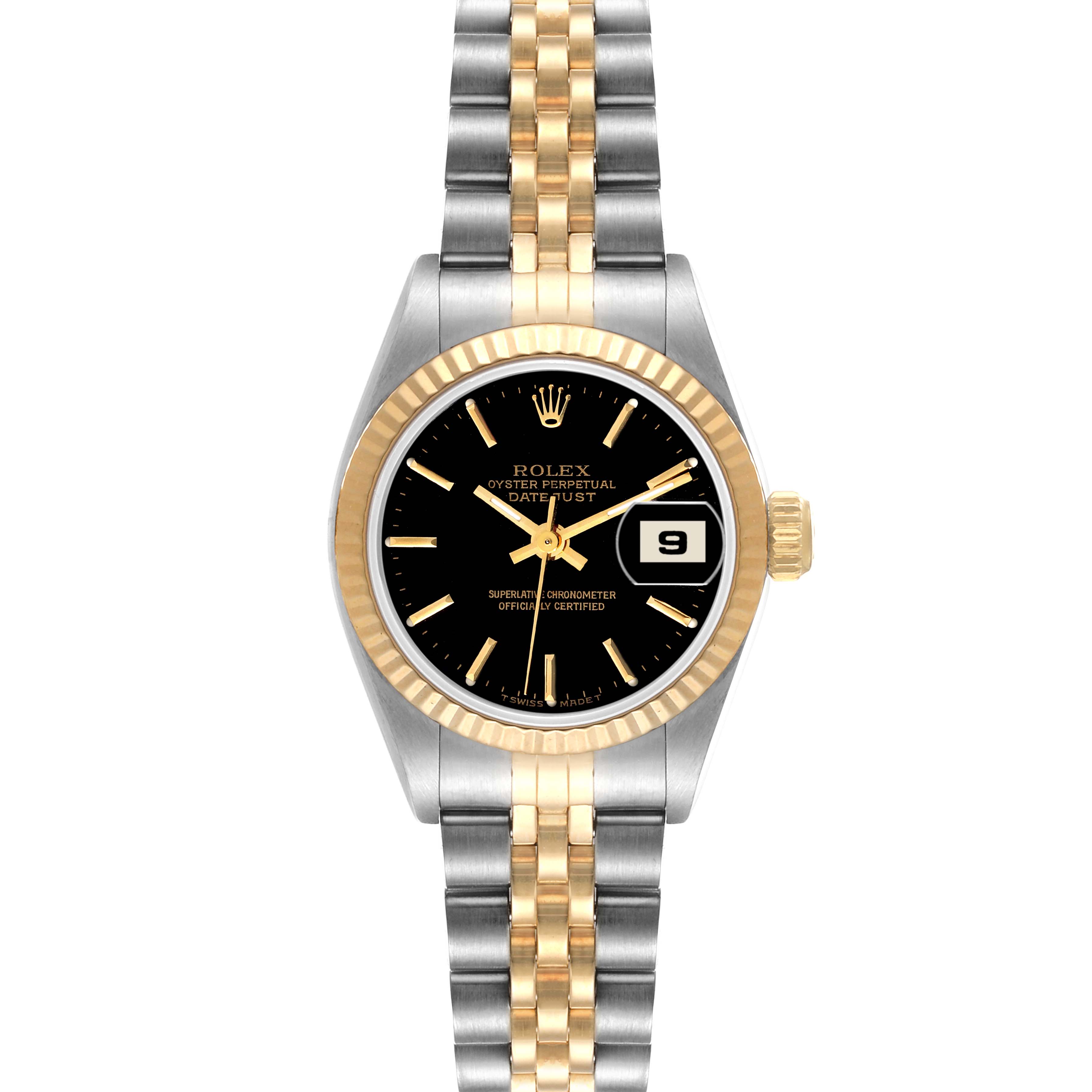This Rolex Datejust 69173 Women's Steel and Gold (two tone) Black Dial 69173 Women's Steel and Gold (two tone) Black Dial watch is shown from the front, displaying the dial, bezel, crown, and two-tone bracelet.