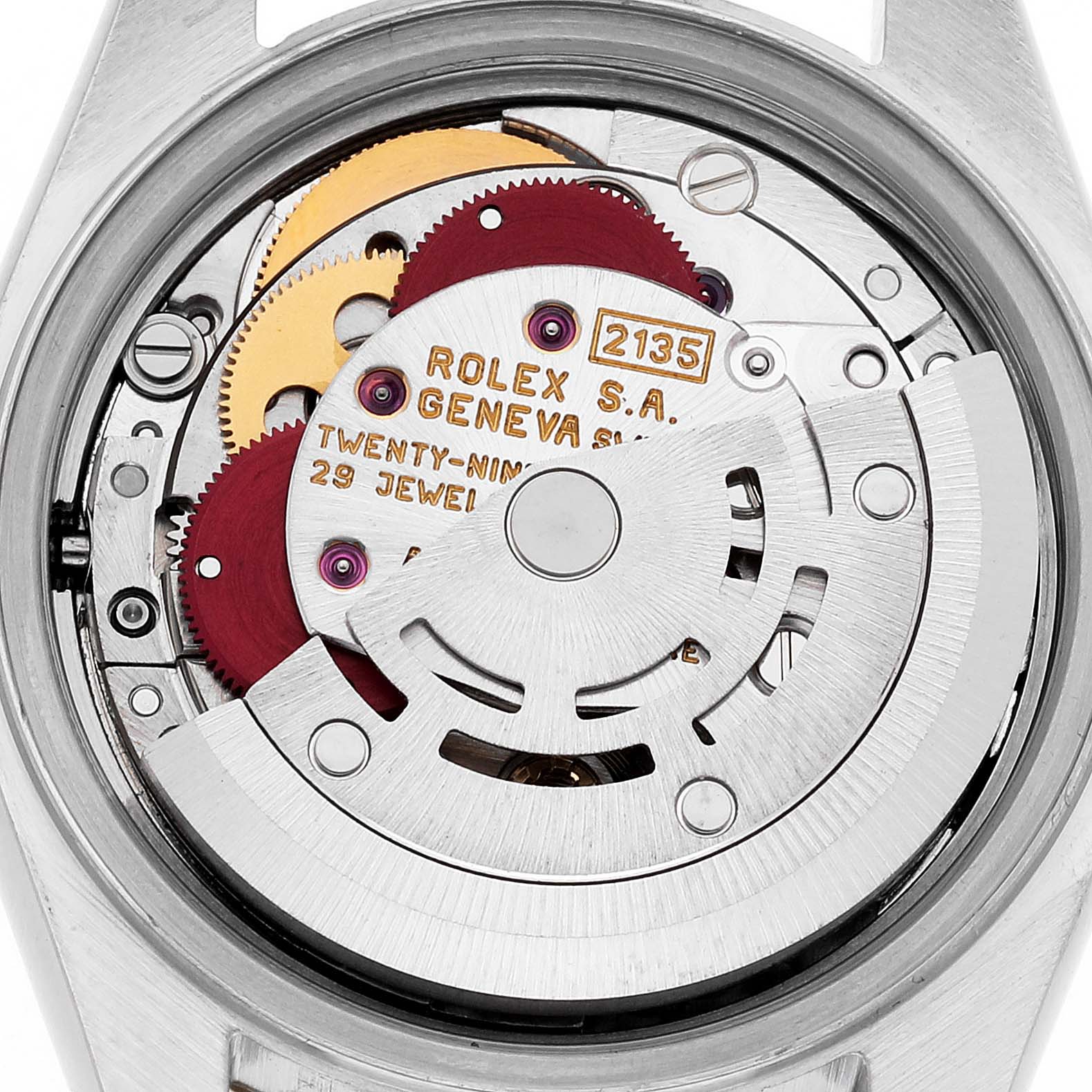 This image shows the internal mechanism of the Rolex Datejust 69173 Women's Steel and Gold (two tone) Mother of Pearl Dial 69173 Women's Steel and Gold (two tone) Mother of Pearl Dial watch from a top-down angle.