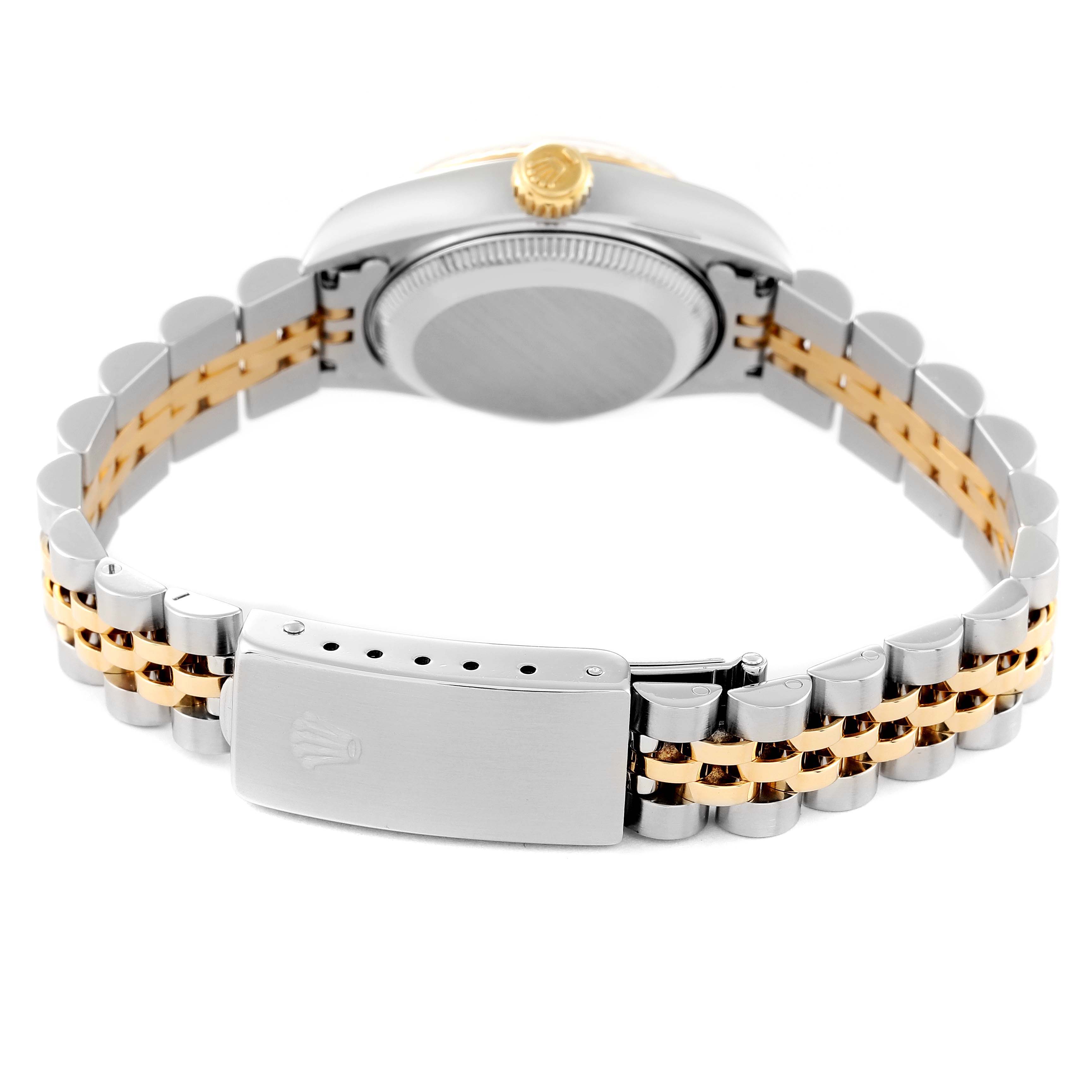 The image shows the back view of a Rolex Datejust 69173 Women's Steel and Gold (two tone) Mother of Pearl Dial 69173 Women's Steel and Gold (two tone) Mother of Pearl Dial watch, focusing on the case back and two-tone bracelet with a clasp.