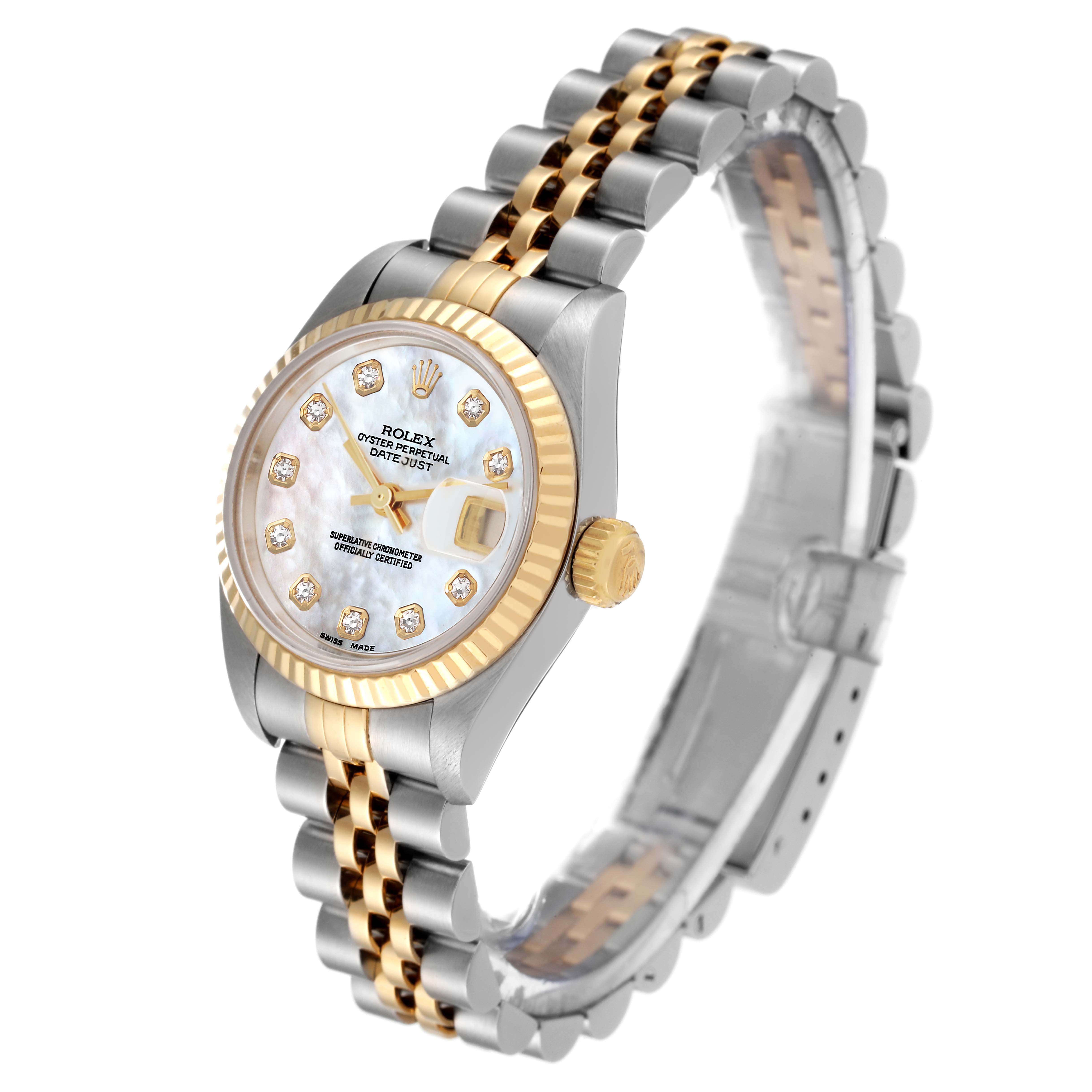 The image shows a Rolex Datejust 69173 Women's Steel and Gold (two tone) Mother of Pearl Dial 69173 Women's Steel and Gold (two tone) Mother of Pearl Dial watch at a three-quarter angle highlighting the dial, bezel, crown, and jubilee bracelet.