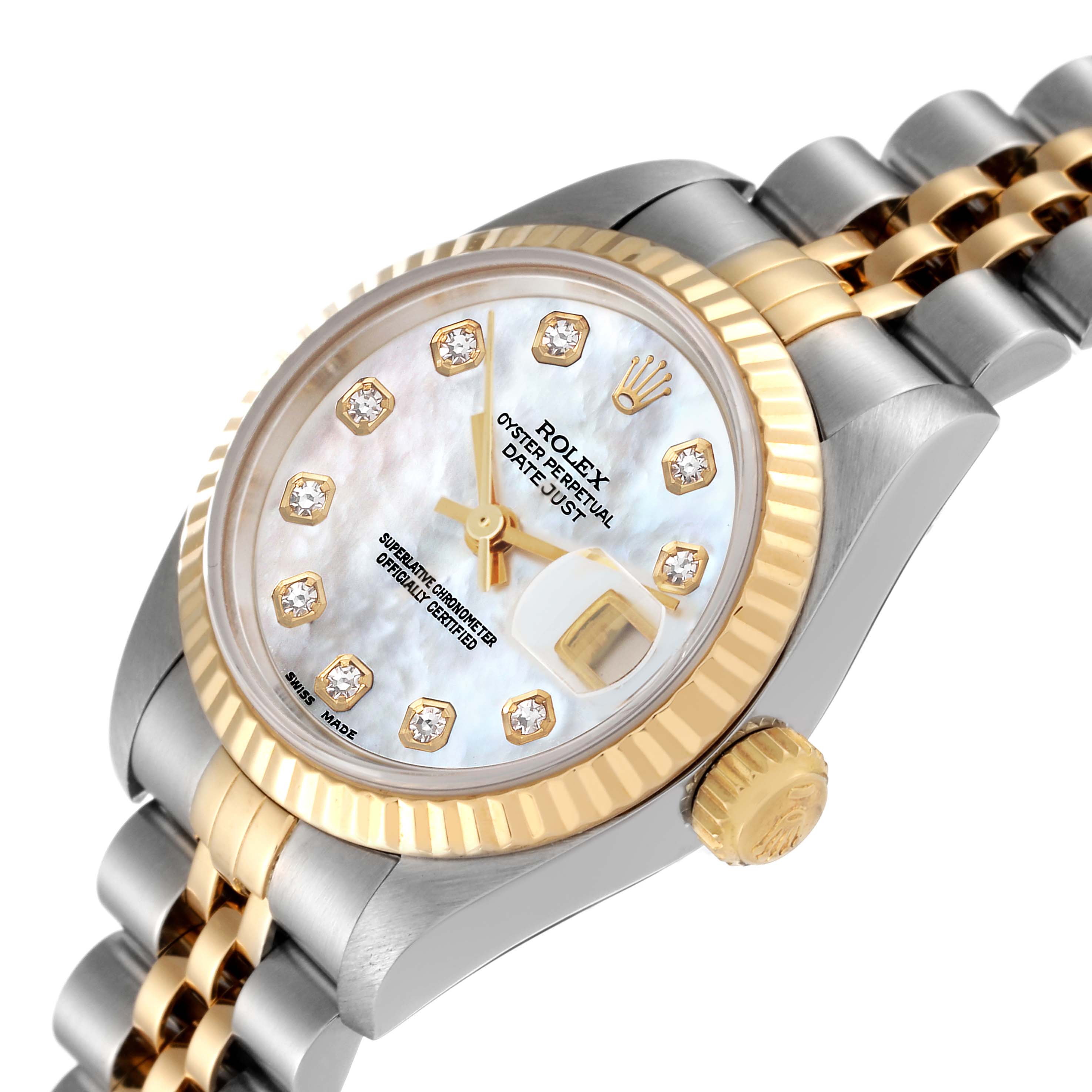 This is a close-up angle view showing the dial, crown, bezel, and bracelet of the Rolex Datejust 69173 Women's Steel and Gold (two tone) Mother of Pearl Dial 69173 Women's Steel and Gold (two tone) Mother of Pearl Dial watch.