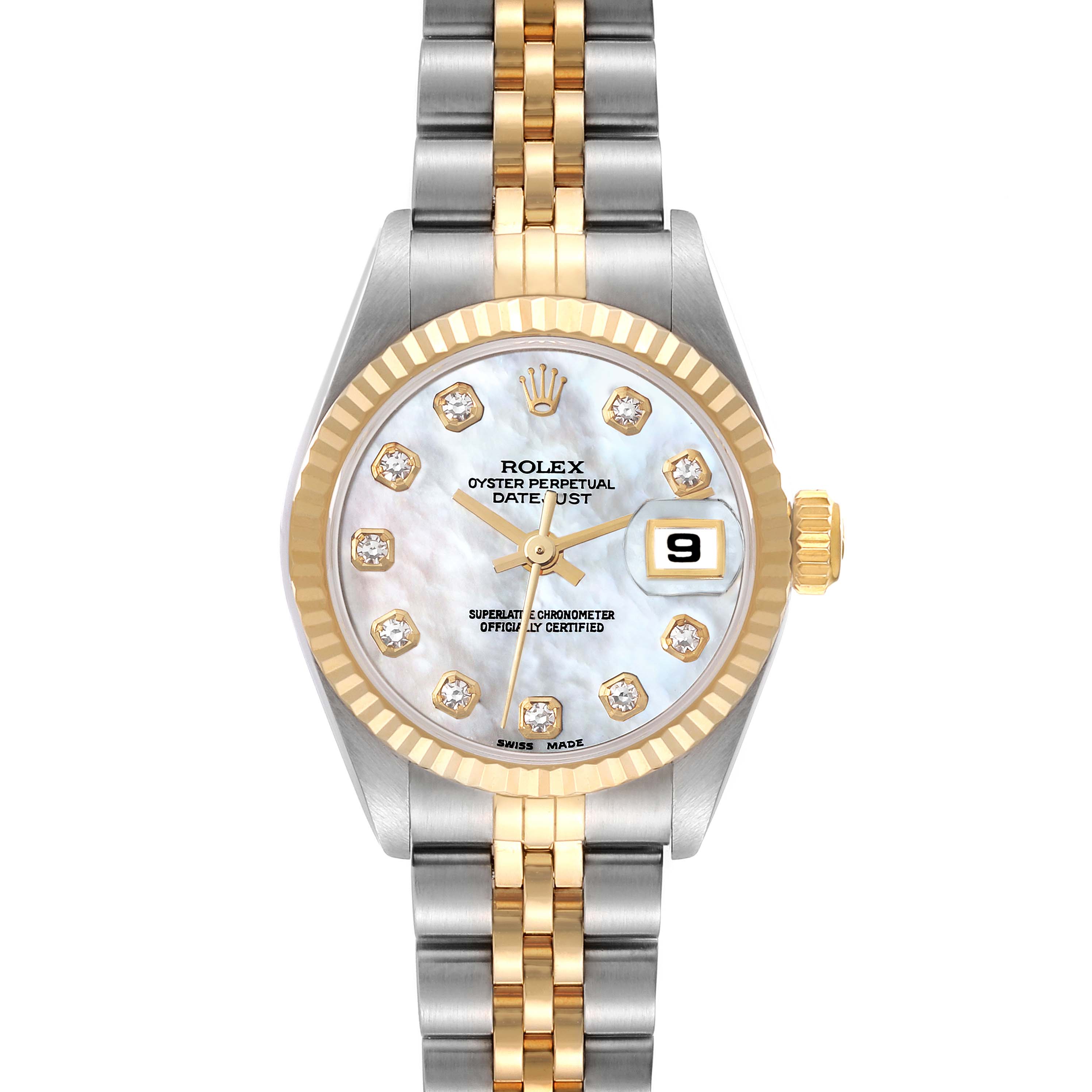 This image shows a front view of the Rolex Datejust 69173 Women's Steel and Gold (two tone) Mother of Pearl Dial 69173 Women's Steel and Gold (two tone) Mother of Pearl Dial watch, displaying the dial, bezel, crown, and bracelet.