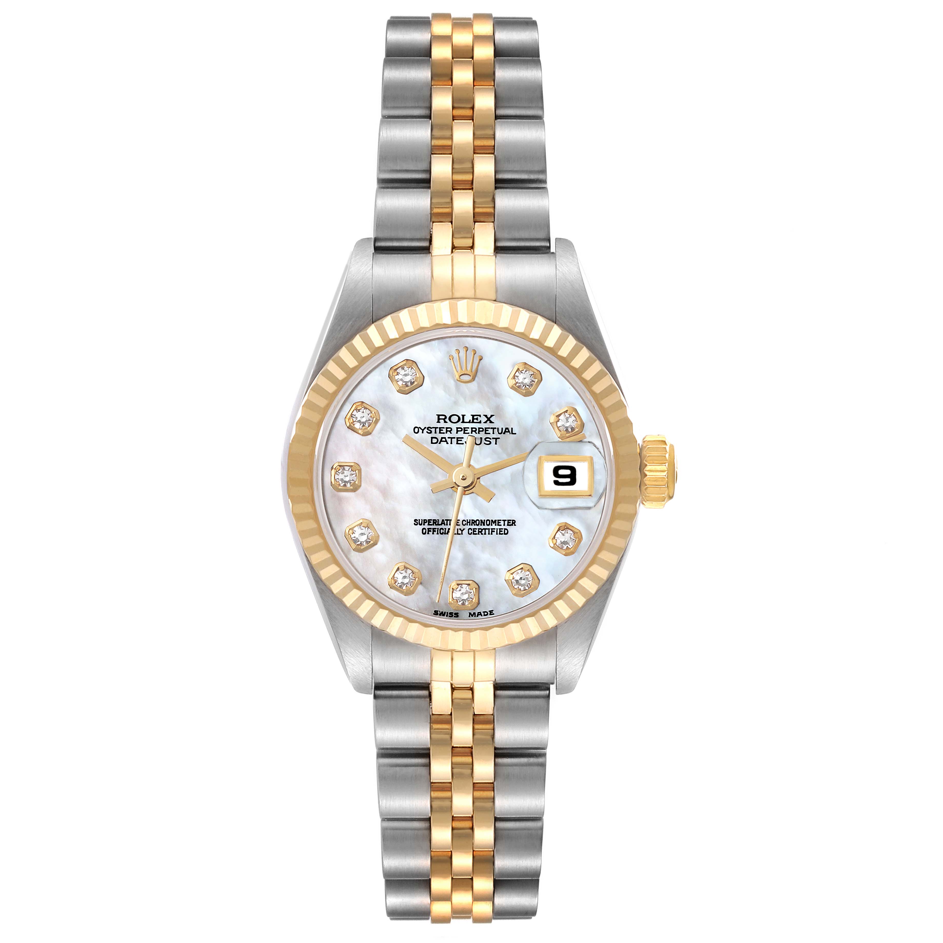 The Rolex Datejust 69173 Women's Steel and Gold (two tone) Mother of Pearl Dial 69173 Women's Steel and Gold (two tone) Mother of Pearl Dial watch is shown from a front angle, displaying its dial, bezel, and two-tone bracelet.