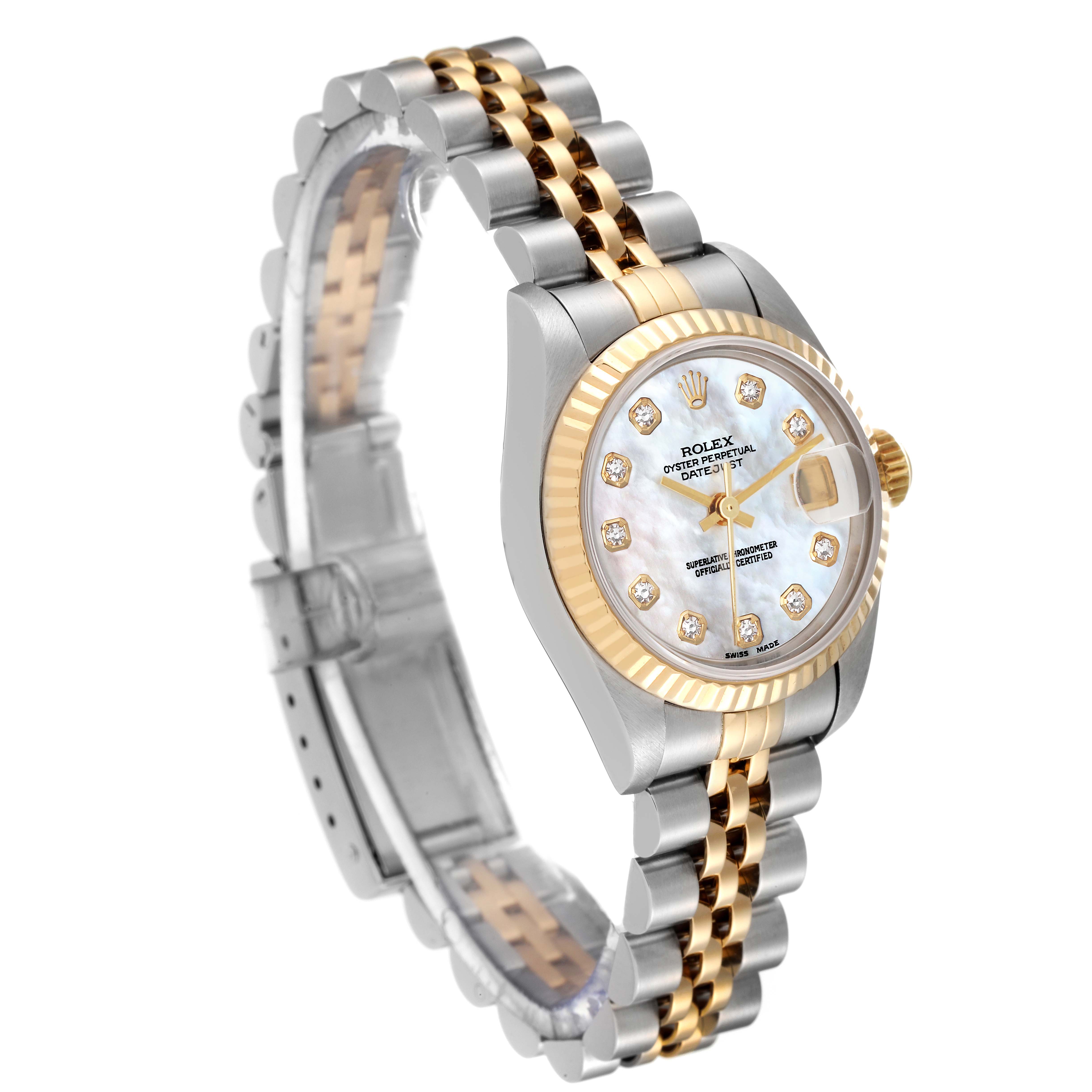 The Rolex Datejust 69173 Women's Steel and Gold (two tone) Mother of Pearl Dial 69173 Women's Steel and Gold (two tone) Mother of Pearl Dial watch is shown from a left-angled side view, highlighting the dial, bezel, and dual-tone bracelet.