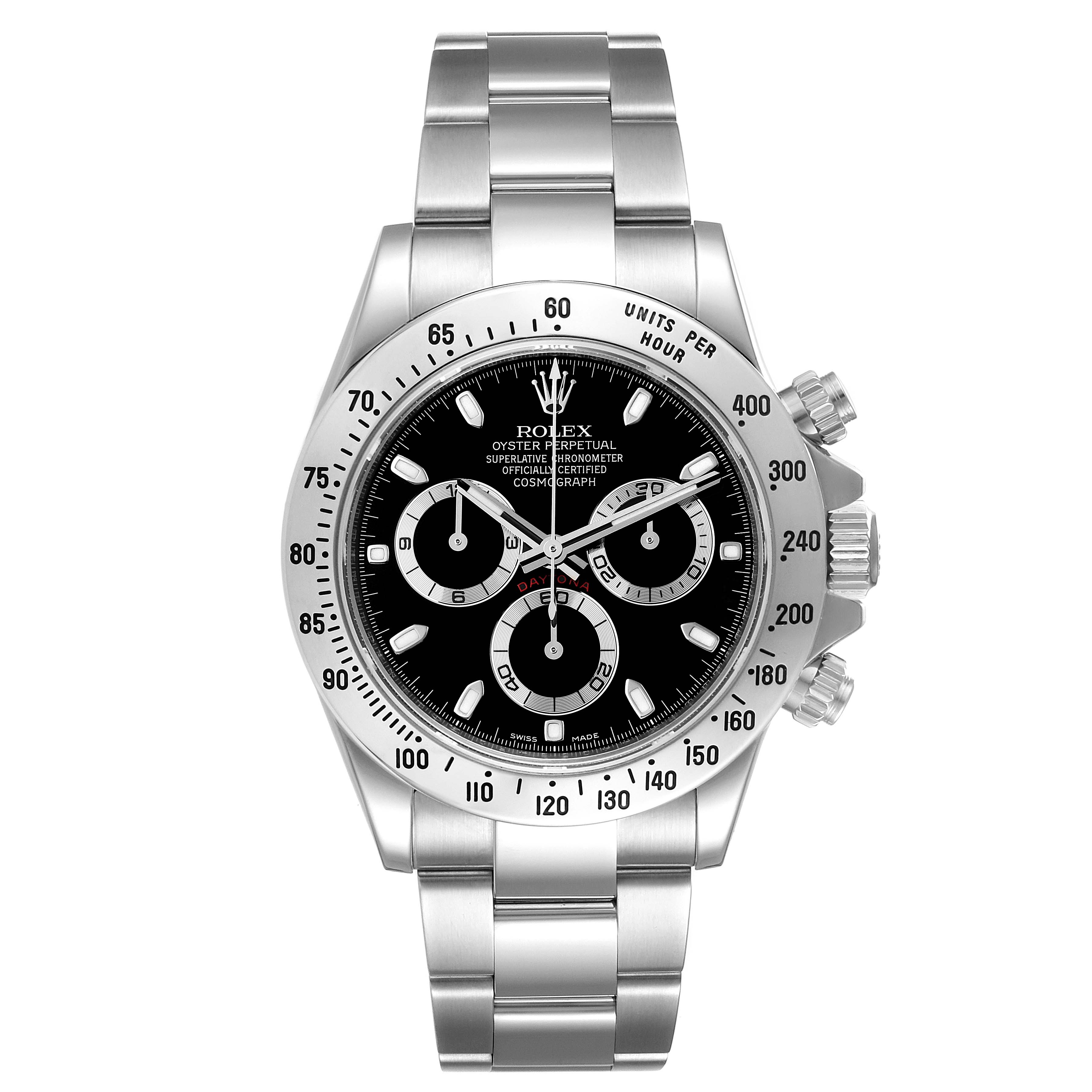 The Rolex Daytona 116520 Men's Stainless Steel Black Dial 116520 Men's Stainless Steel Black Dial watch is shown from a front view, featuring the face, bezel, pushers, and bracelet.