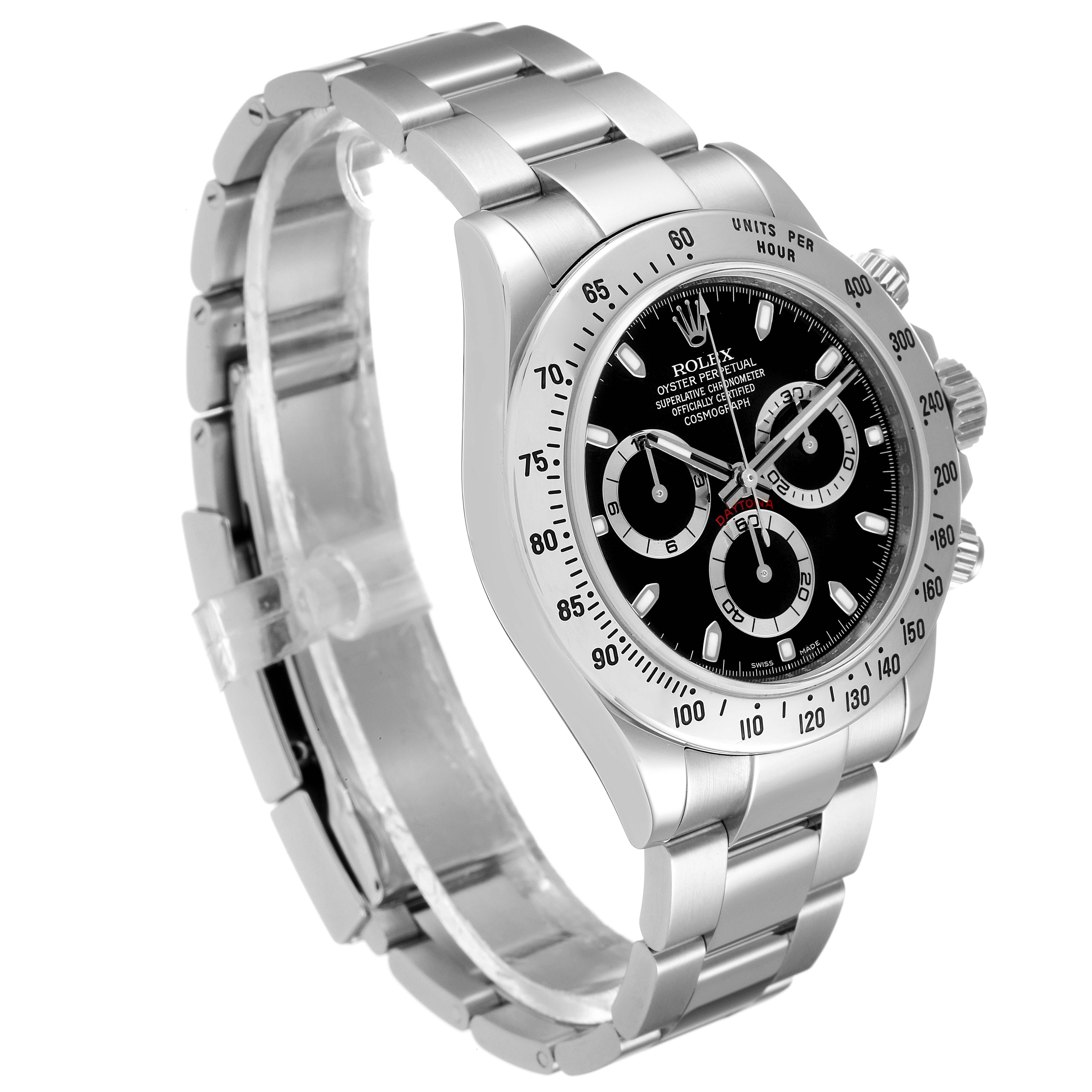 The image shows a Rolex Daytona 116520 Men's Stainless Steel Black Dial 116520 Men's Stainless Steel Black Dial watch angled from the left, highlighting the bracelet, case, dial, and bezel.