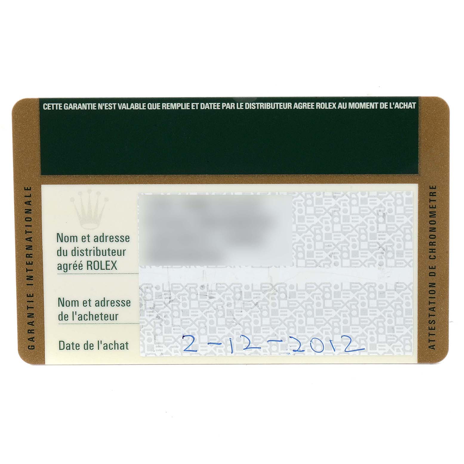 This image shows the international warranty card for a Rolex Daytona 116520 Men's Stainless Steel Black Dial 116520 Men's Stainless Steel Black Dial watch.