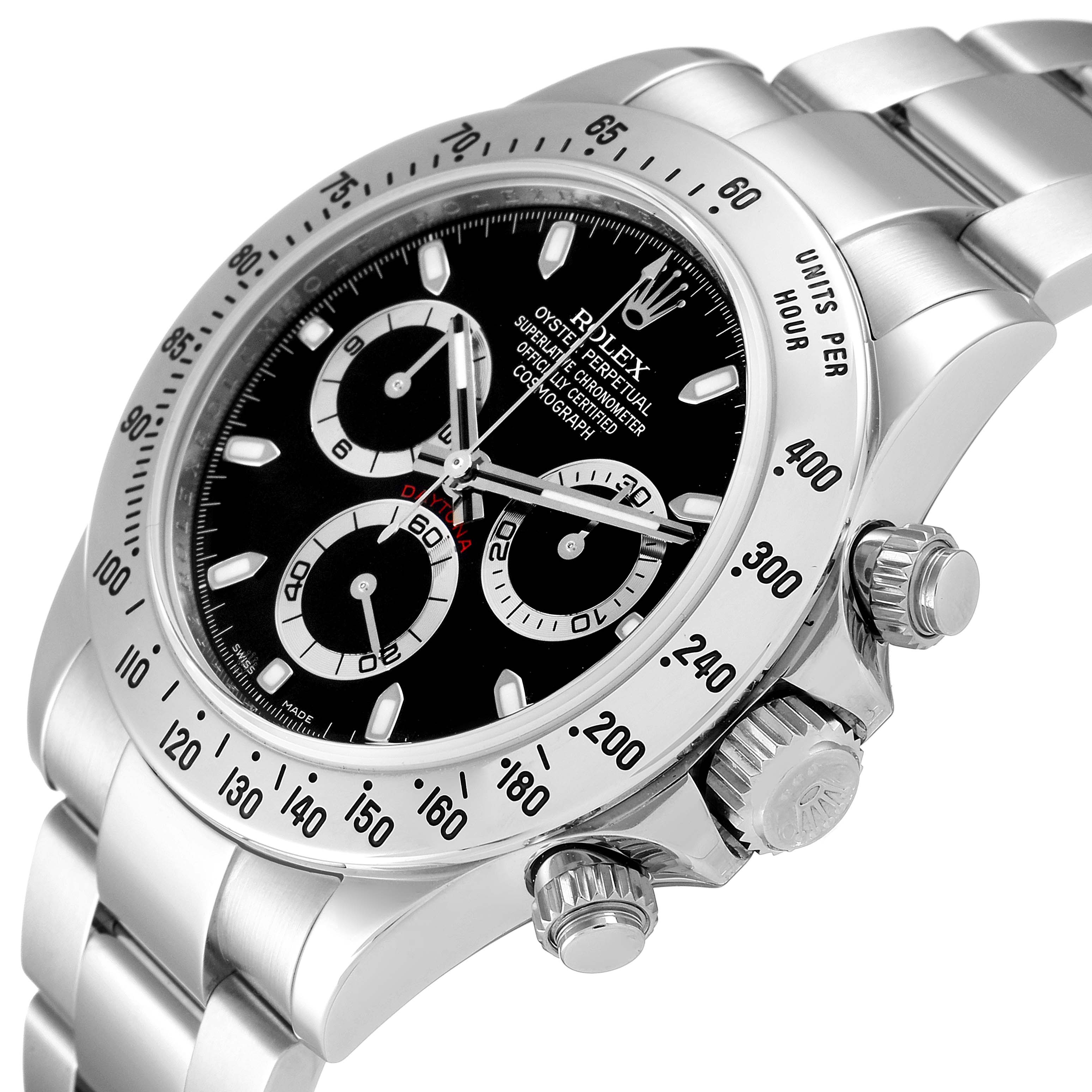 The image shows a close-up side view of a Rolex Daytona 116520 Men's Stainless Steel Black Dial 116520 Men's Stainless Steel Black Dial watch, highlighting the bezel, dial, crown, and pushers.